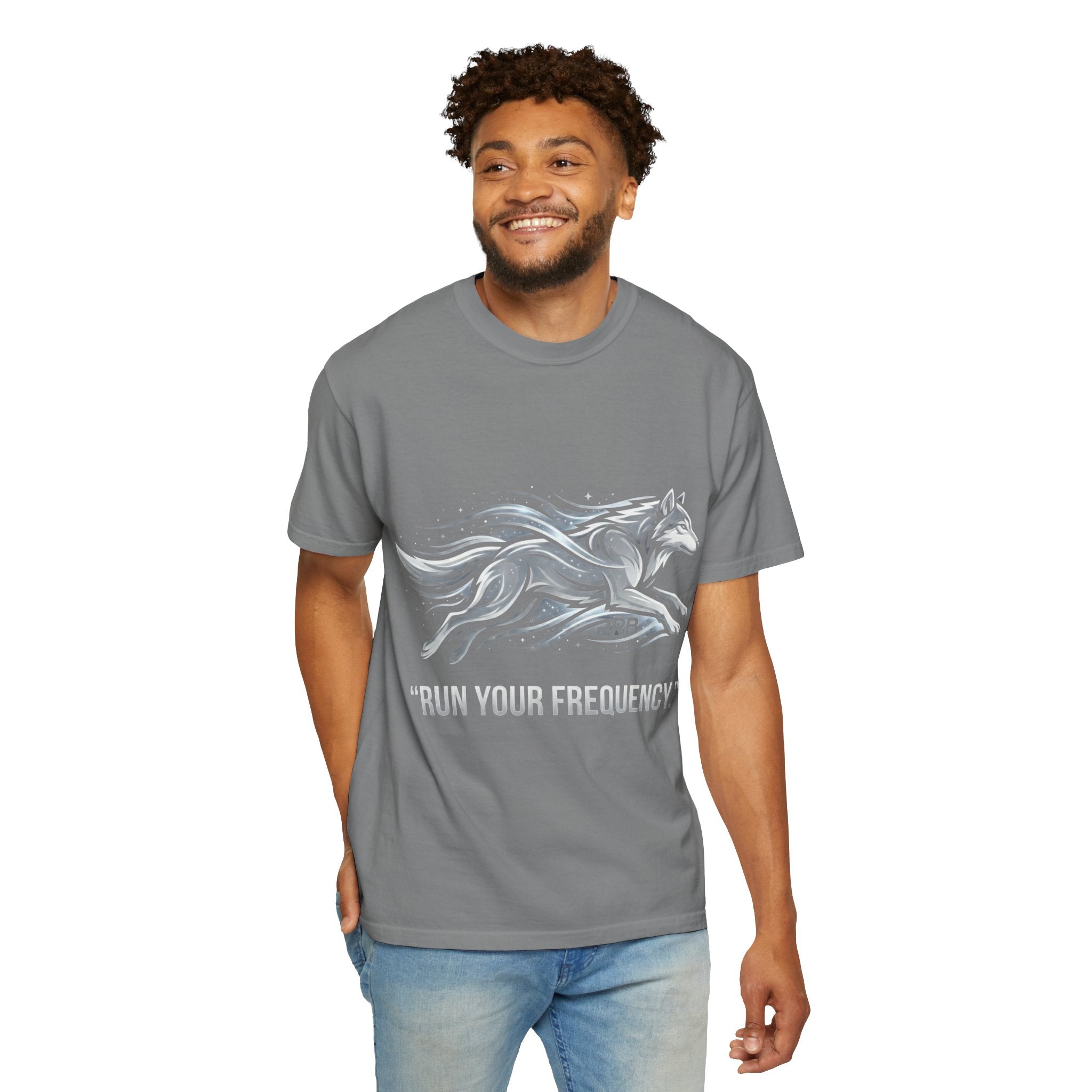 Wolf Graphic T-Shirt — 'Run Your Frequency' Motivational Tee by Printify