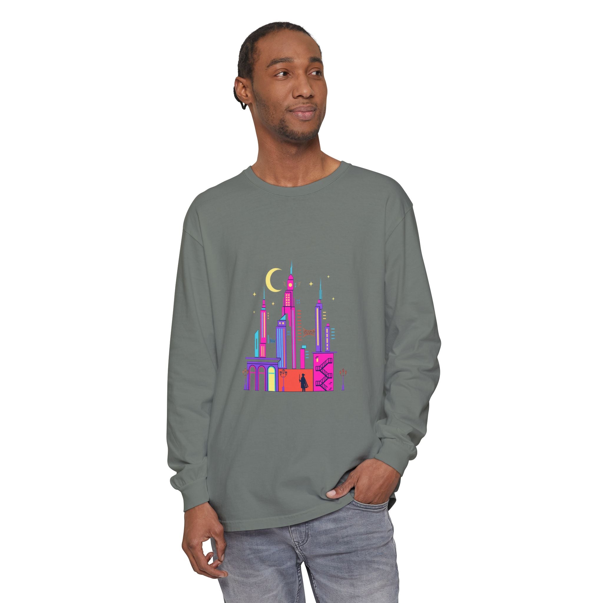 PRB Neon City Skyline Long Sleeve Shirt | Urban Nightscape Illustration by Power Runs Black