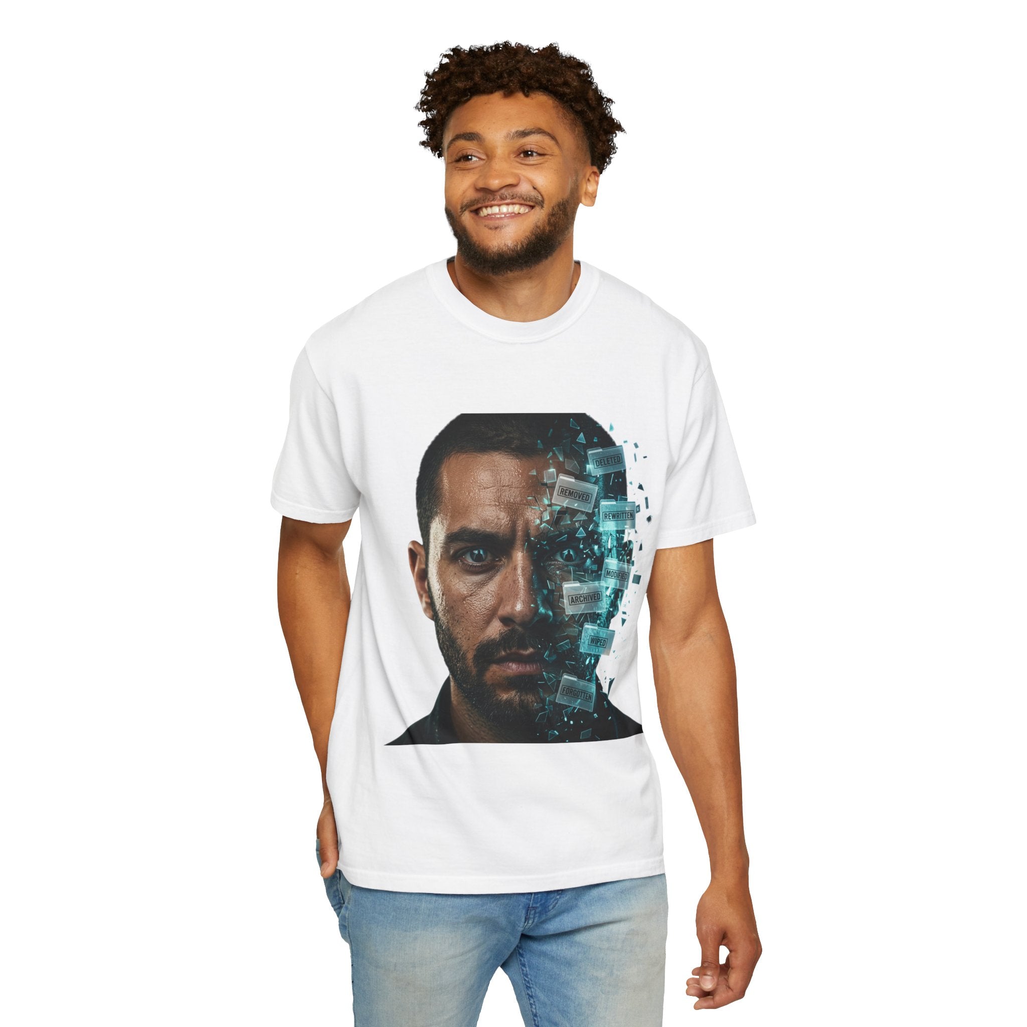Syndication Loop Cyberpunk Portrait Tee — Tech-Noir Graphic T-Shirt | Power Runs Black by Printify