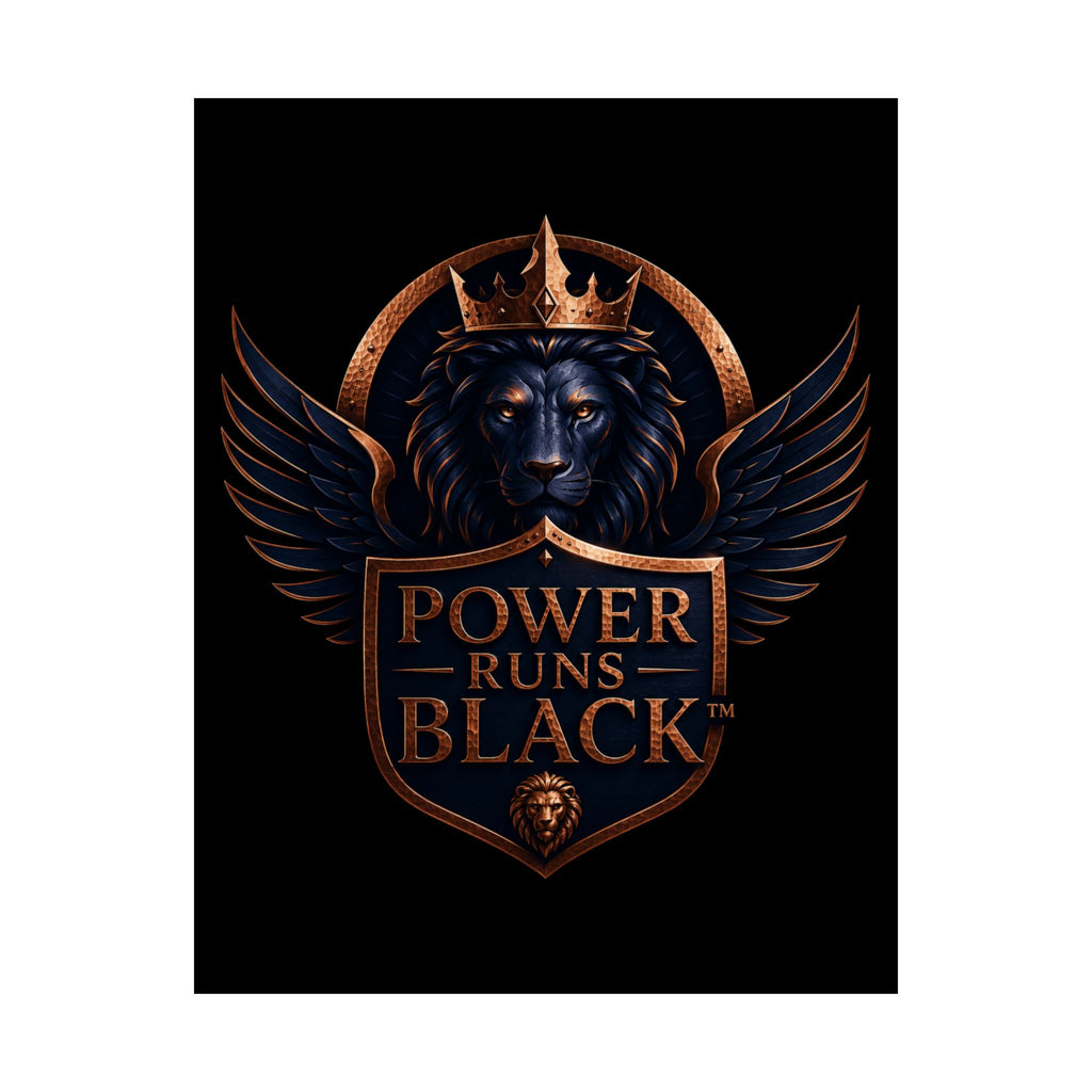 Power Runs Black Matte Poster — Regal Lion Crest Wall Art by Power Runs Black