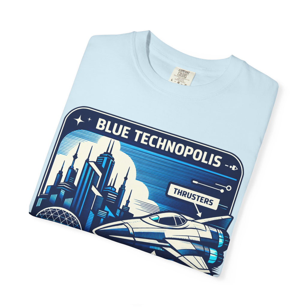Power Runs Black PRB Technopolis Spacecraft T-Shirt — Blue Technopolis Retro Sci‑Fi Tee by Power Runs Black