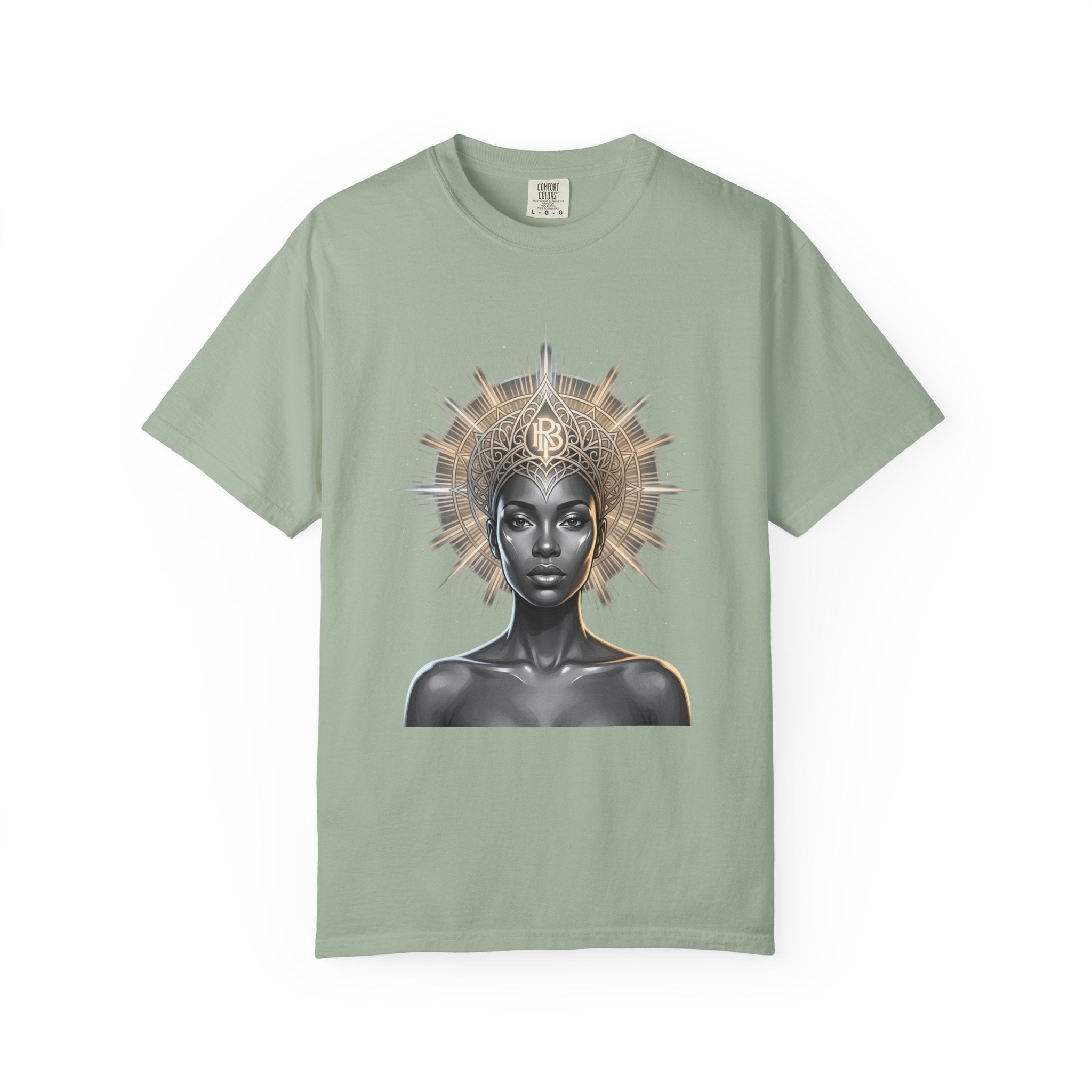 Printify PRB Goddess Halo T‑Shirt — Black Goddess Portrait with Ornate Gold Headdress - T-Shirt