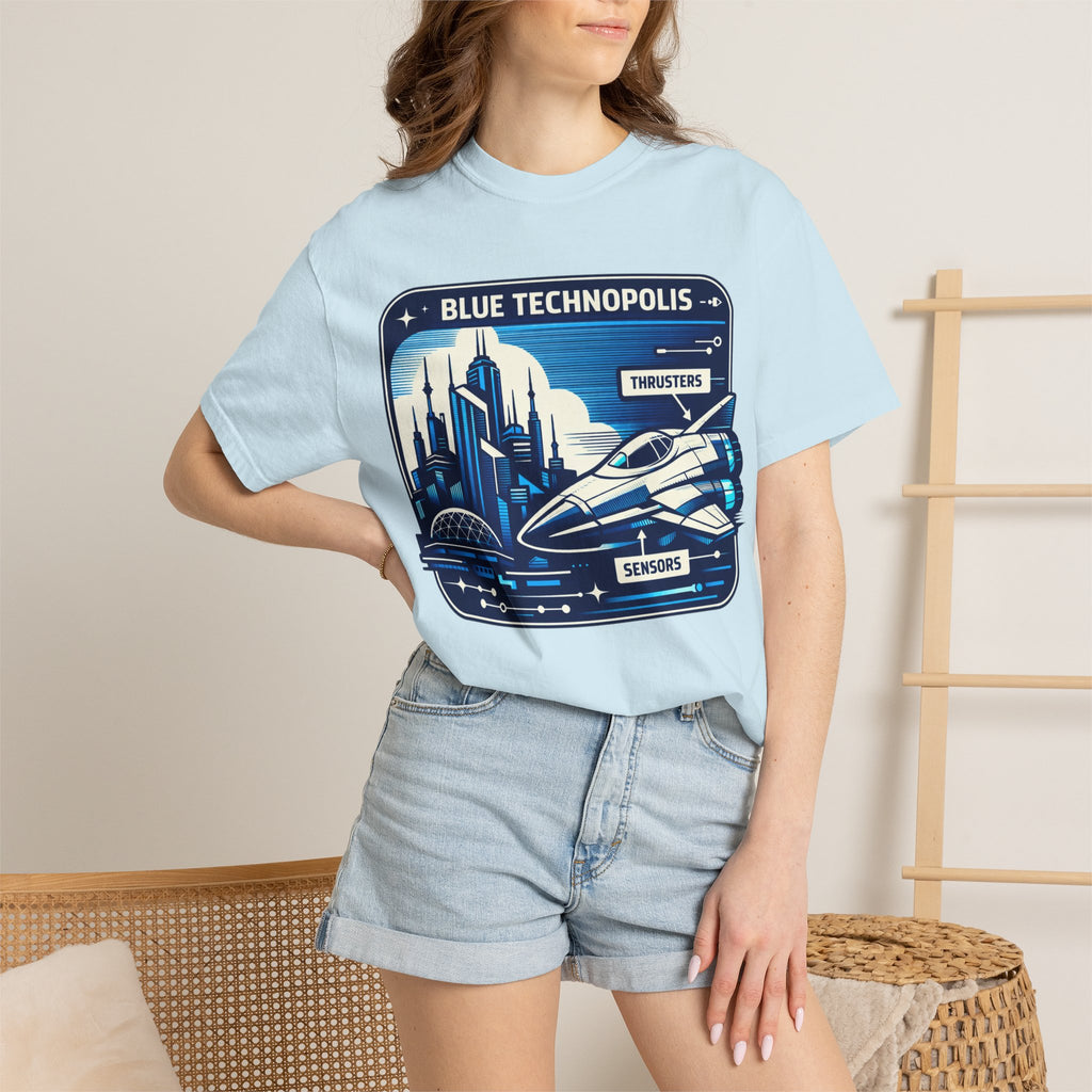 Power Runs Black PRB Technopolis Spacecraft T-Shirt — Blue Technopolis Retro Sci‑Fi Tee by Power Runs Black