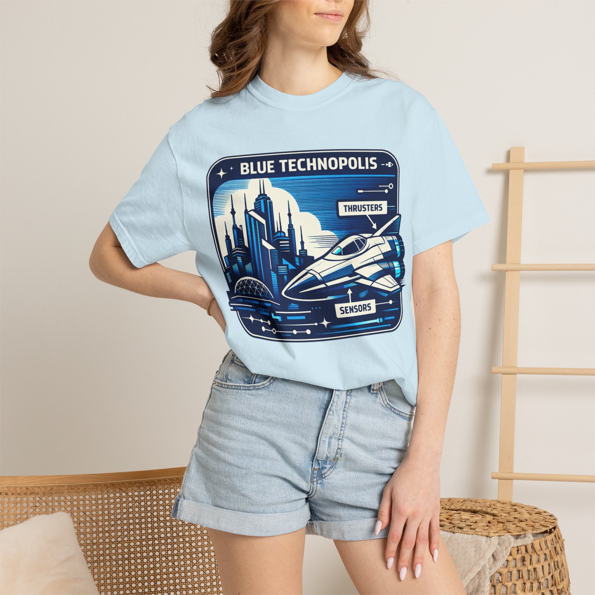 Power Runs Black PRB Technopolis Spacecraft T-Shirt — Blue Technopolis Retro Sci‑Fi Tee by Power Runs Black