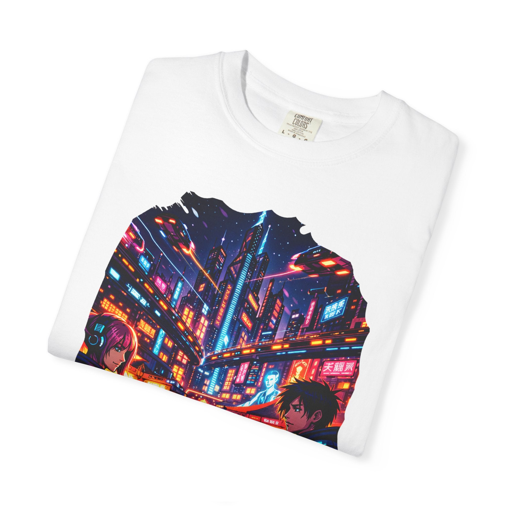 PRB Neon Cyberpunk Cityscape T-shirt | Anime Night Rain Streets by Power Runs Black
