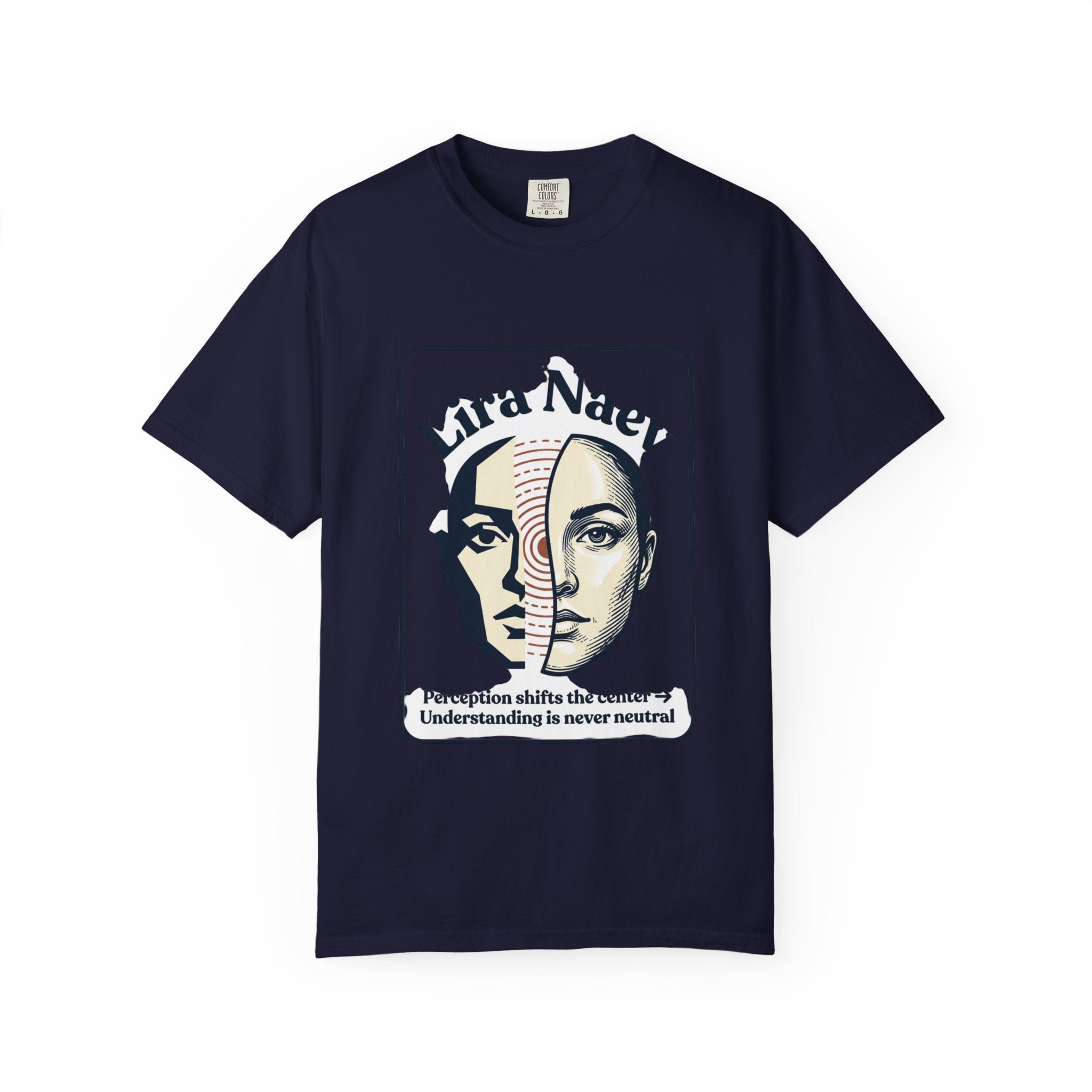 Power Runs Black PRB Lira Naev Split-Face Graphic T-Shirt — “Perception shifts the center” Statement Tee by Printify