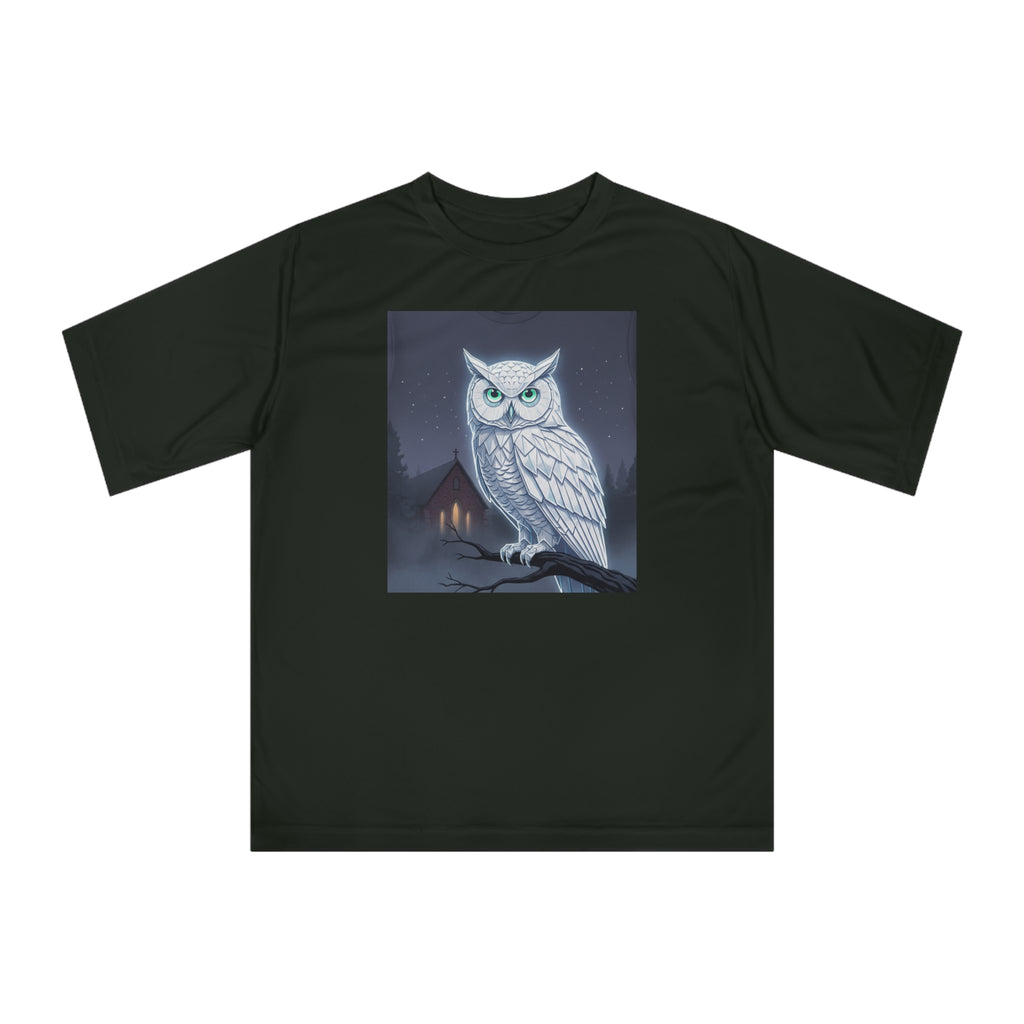 PRB White Snowy Owl Illustration T-shirt | Moonlit Night, Cabin Scene by Printify