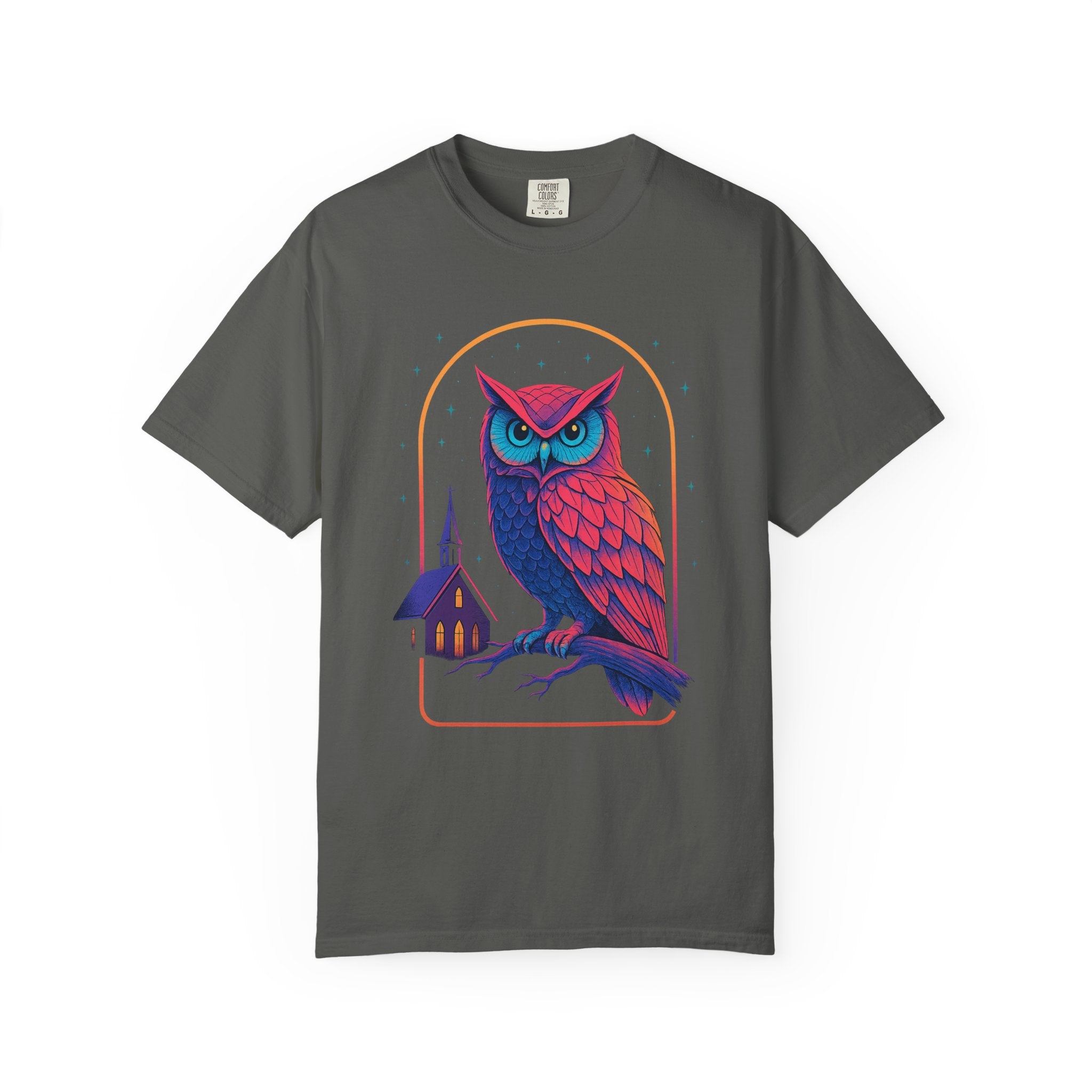 PRB Neon Owl Illustration T-Shirt | Night Church Graphic Tee by Power Runs Black