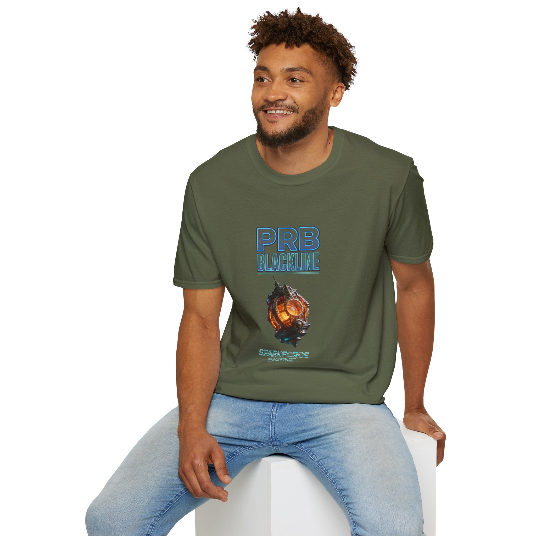 PRB Blackline Sparkforge Engine T‑Shirt — Sci‑Fi Mechanical Graphic Tee by Power Runs Black