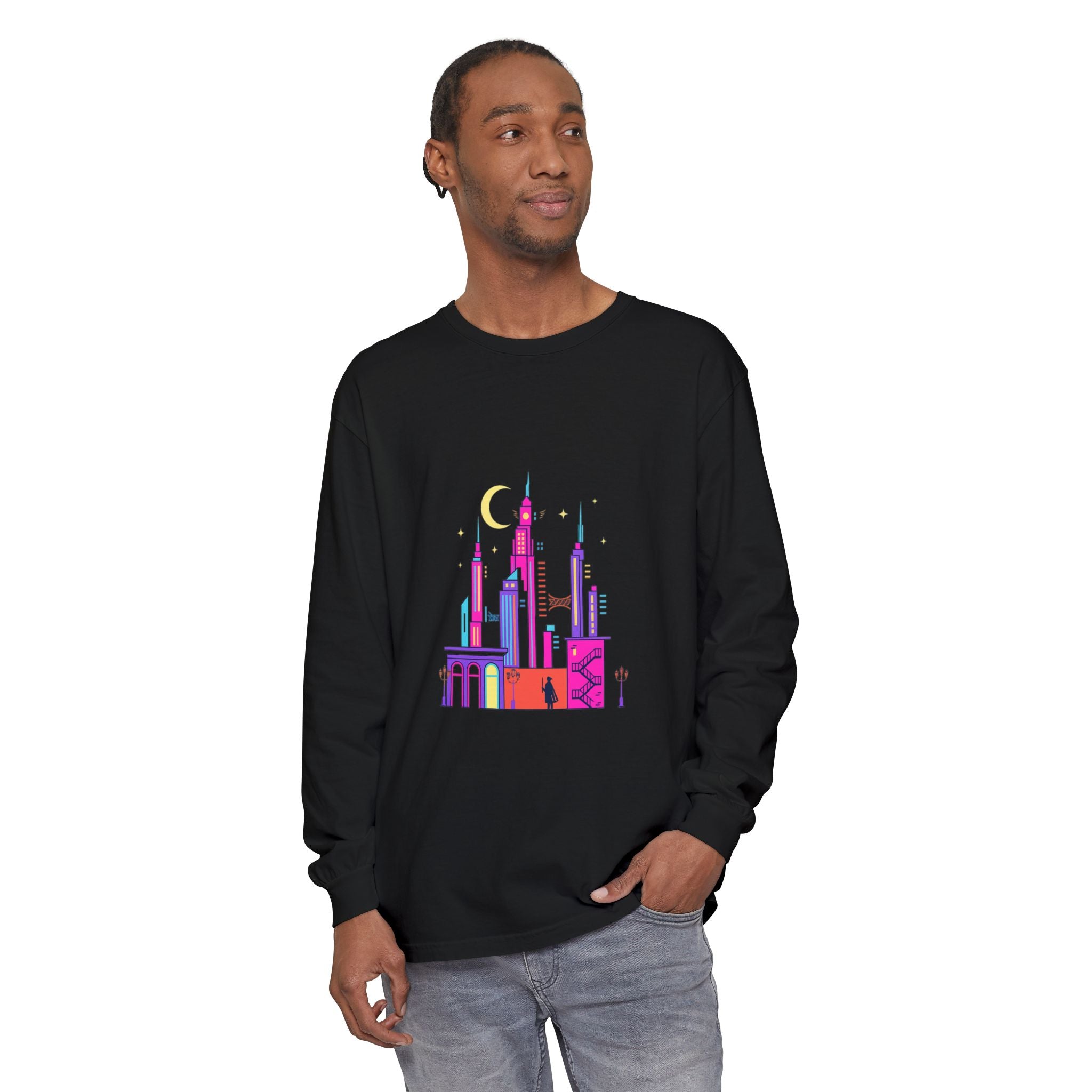 PRB Neon City Skyline Long Sleeve Shirt | Urban Nightscape Illustration by Power Runs Black