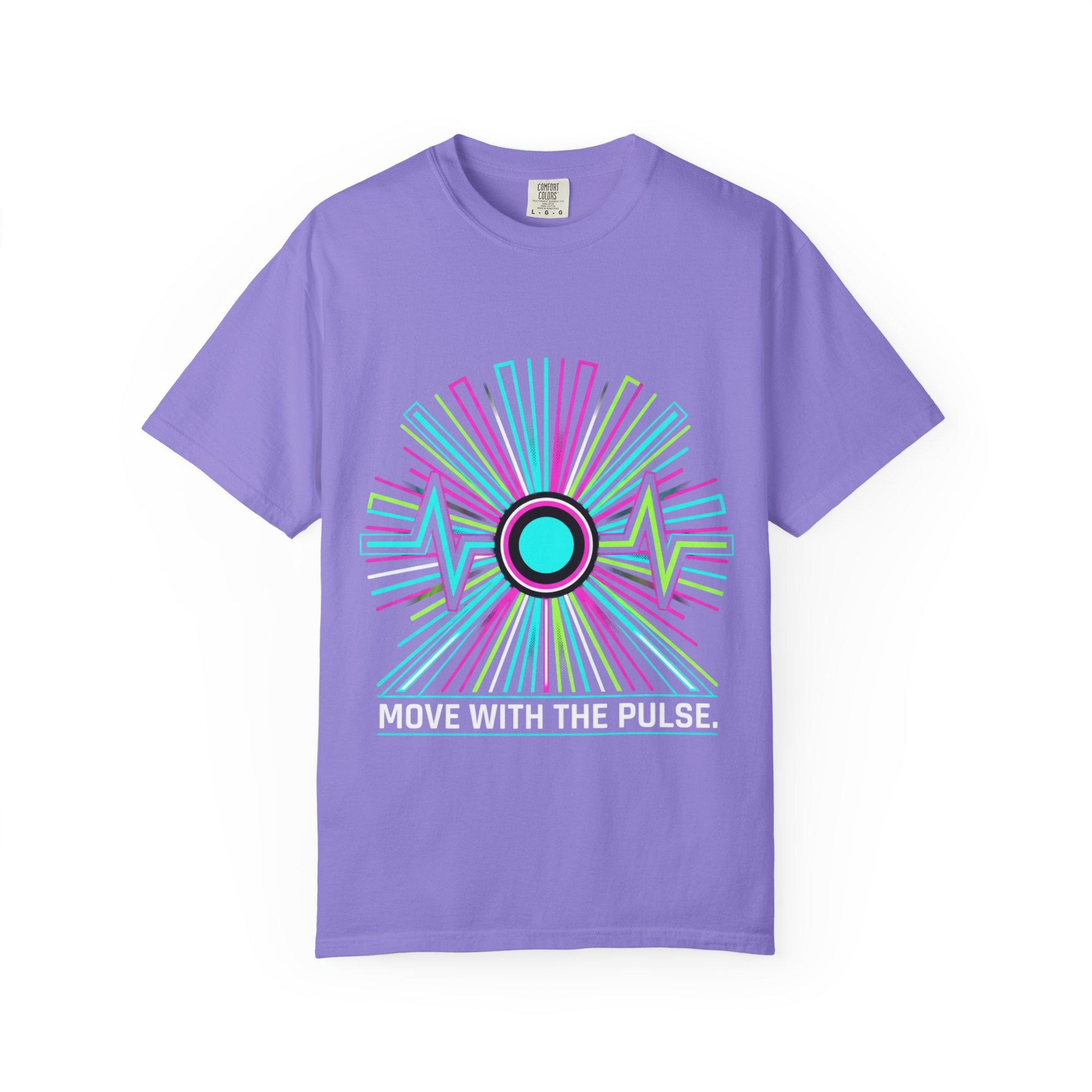 Power Runs Black PRB Electric "Move With Pulse" Graphic T-Shirt — Neon Sunburst Design by Printify