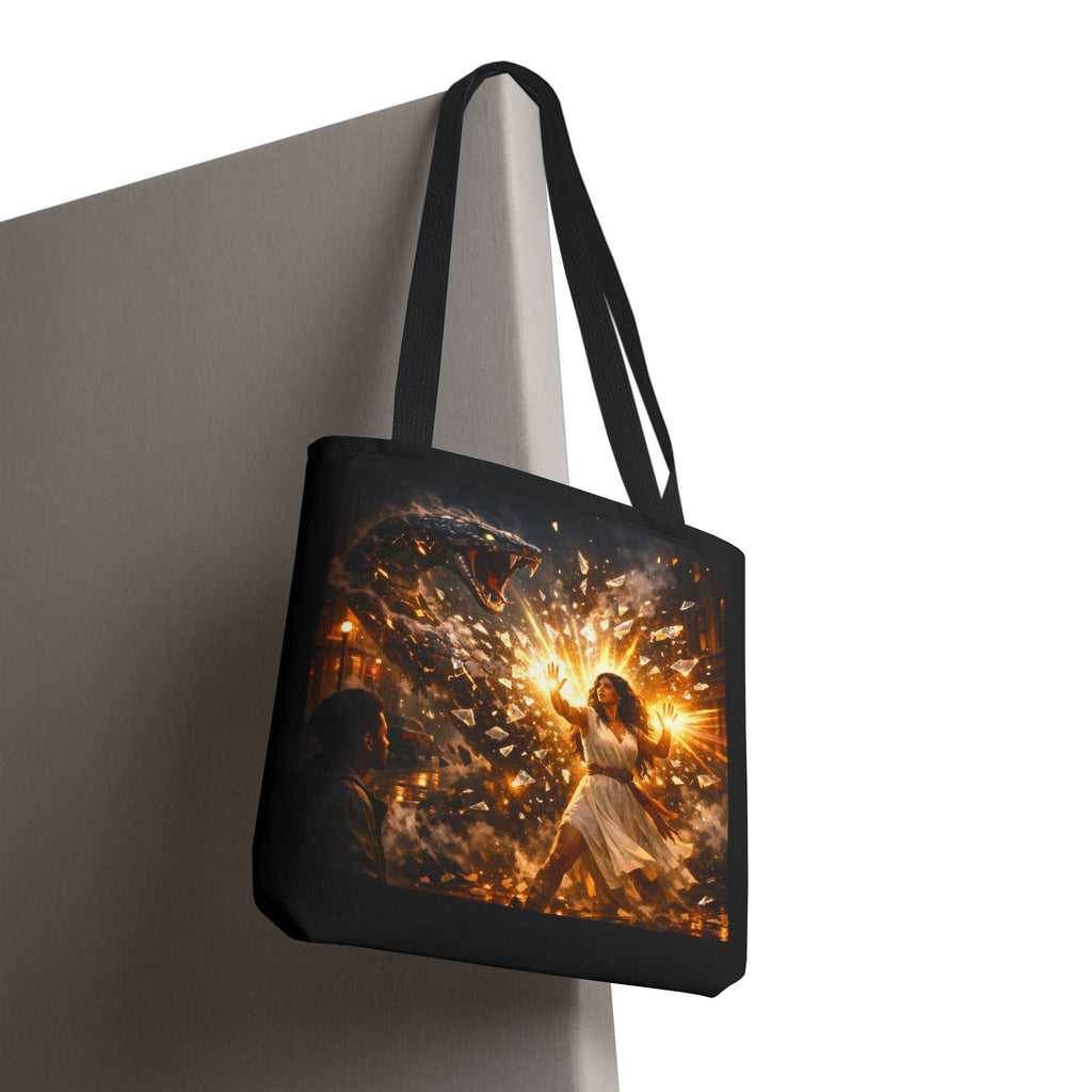 PRB Raging Serpent Burst tote bag | Fantasy serpent explosion art by Power Runs Black