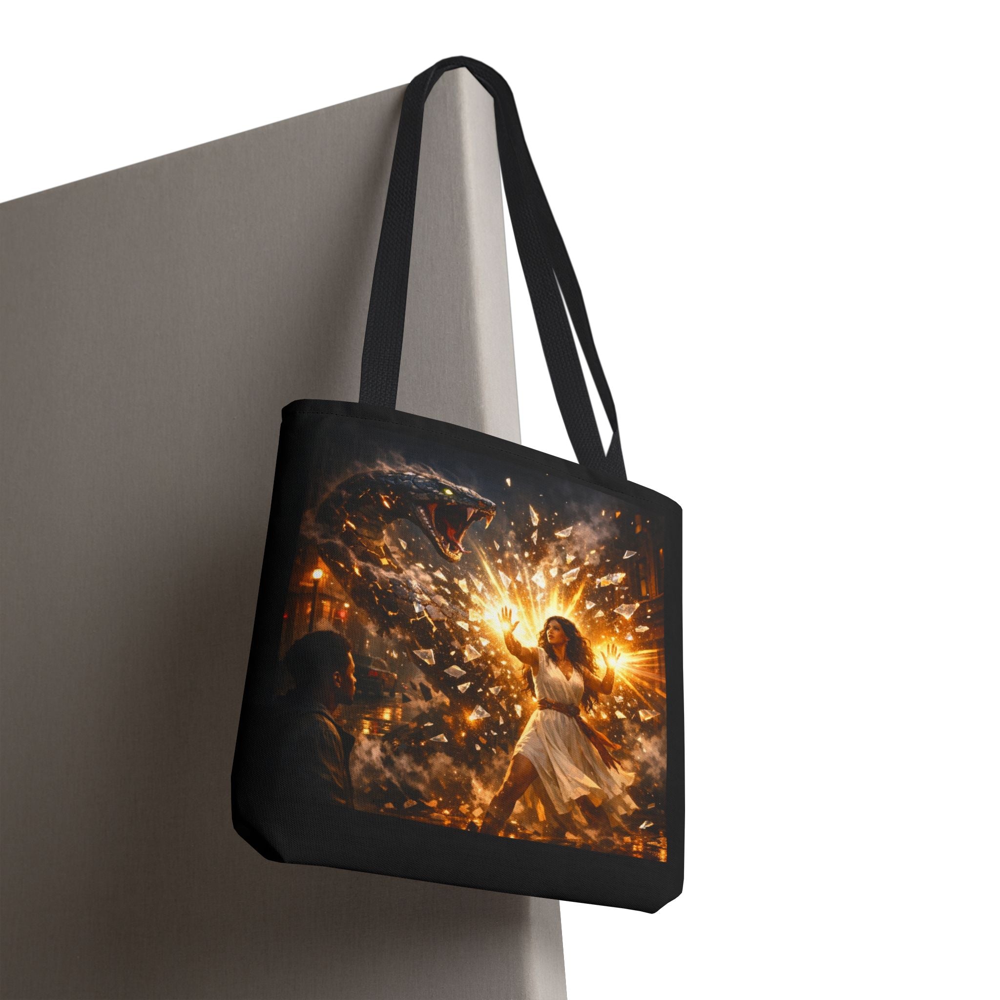 PRB Raging Serpent Burst tote bag | Fantasy serpent explosion art by Power Runs Black
