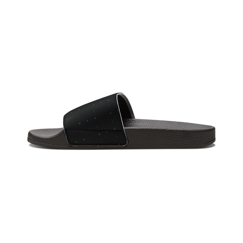 Power Runs Black Slide Sandals - Black Mythical Crest Logo Slides for Men by Power Runs Black