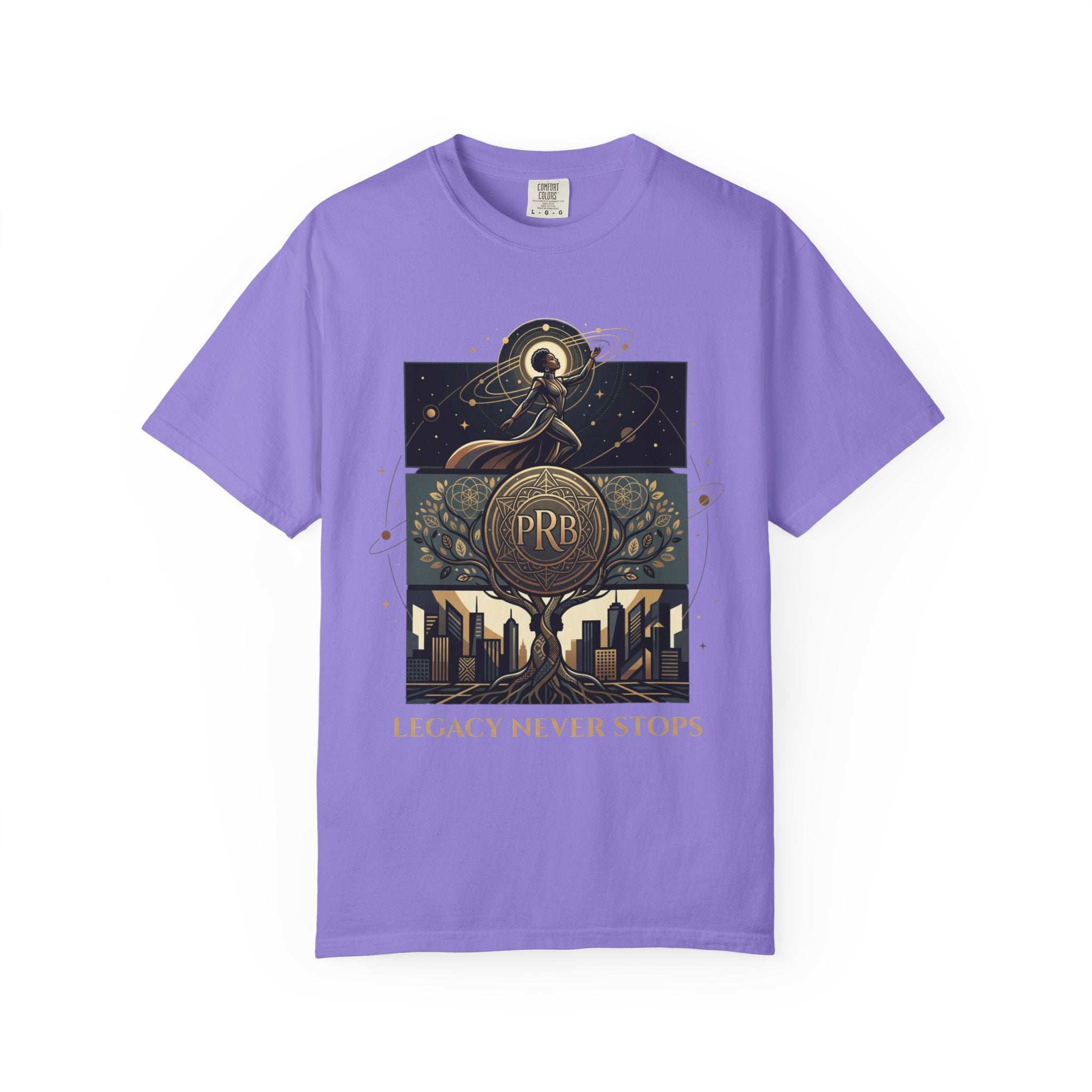 PRB Legacy Never Stops Graphic T-Shirt | Art Deco City Skyline Tee by Printify