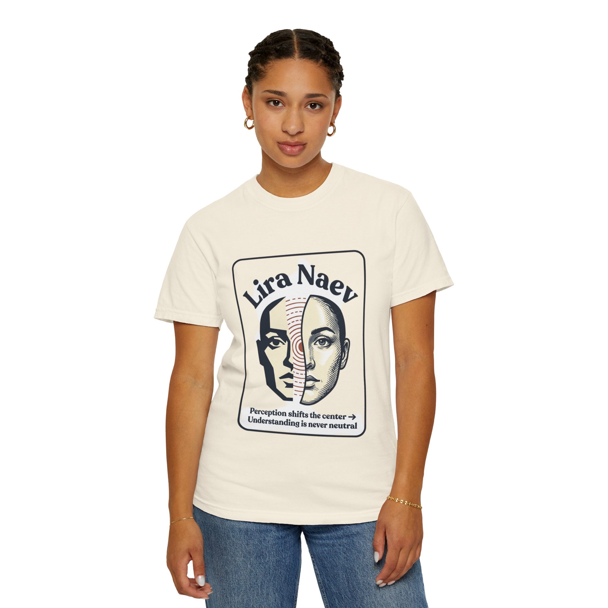 Power Runs Black PRB Lira Naev Split-Face Graphic T-Shirt — “Perception shifts the center” Statement Tee by Printify