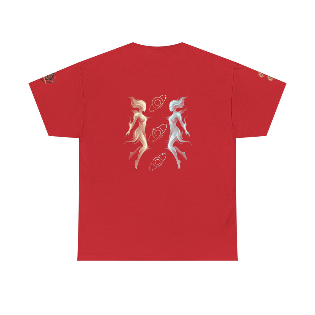 Power Runs Black Gemini Spirit Tee — Twin Sun & Moon Celestial Graphic T-Shirt by Printify