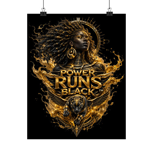 Power Runs Black Matte Poster — Afrocentric Gold Goddess Wall Art by Power Runs Black