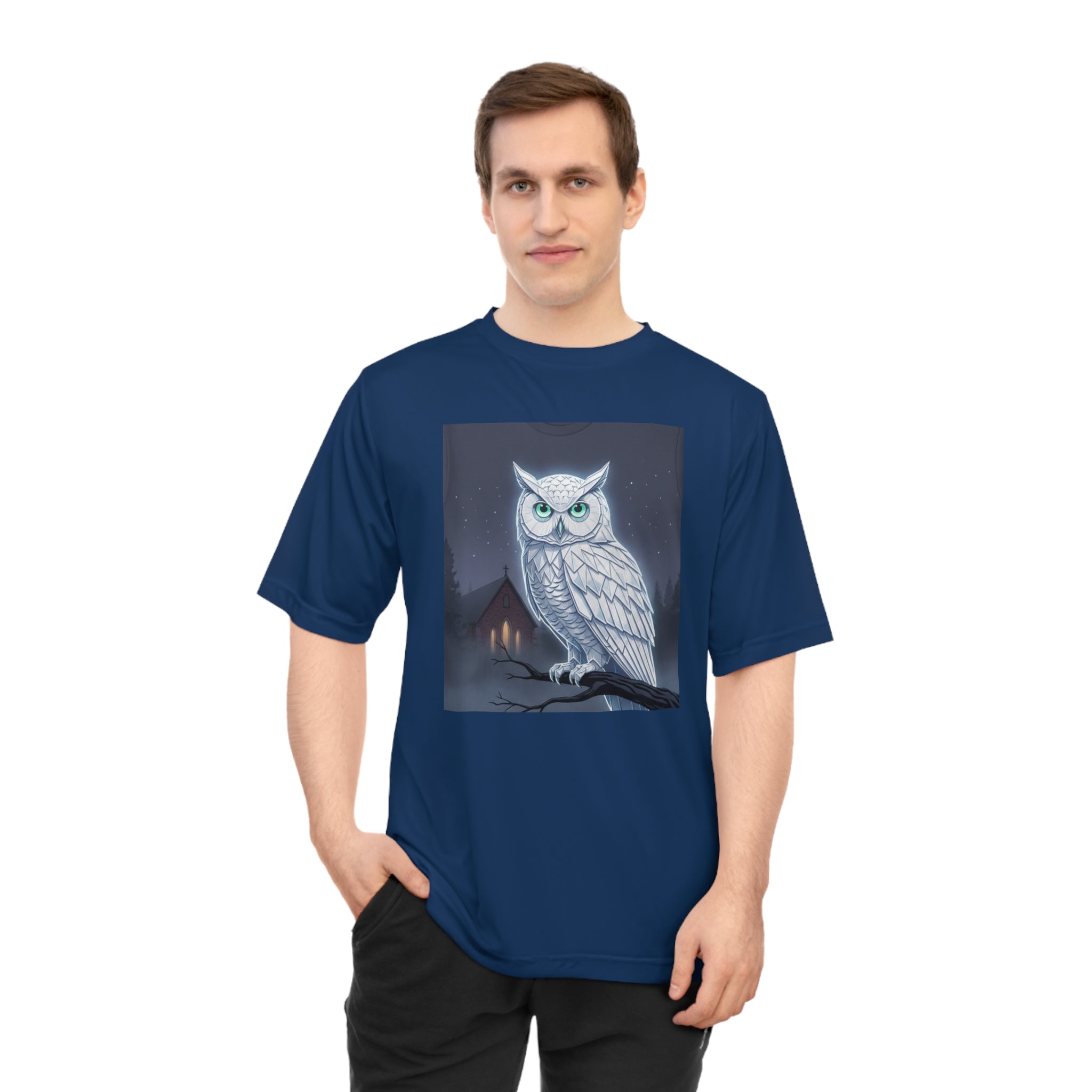 PRB White Snowy Owl Illustration T-shirt | Moonlit Night, Cabin Scene by Power Runs Black
