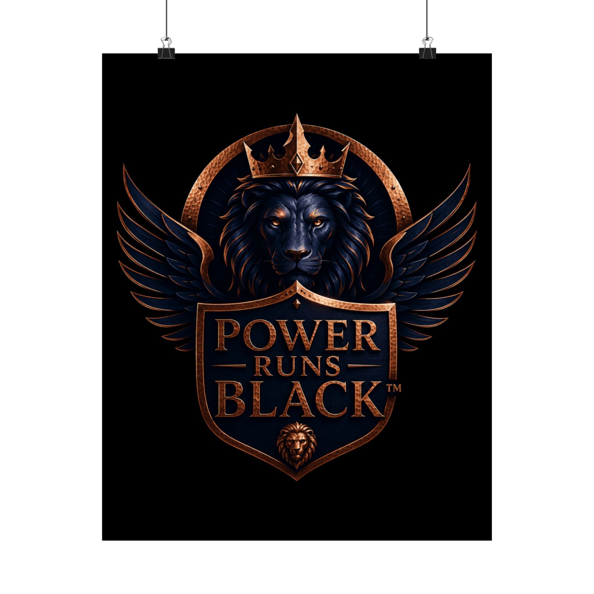 Power Runs Black Matte Poster — Regal Lion Crest Wall Art by Power Runs Black