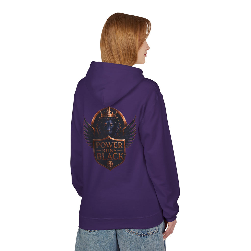 Power Runs Black crest hoodie | medieval shield with lions and wings by Power Runs Black