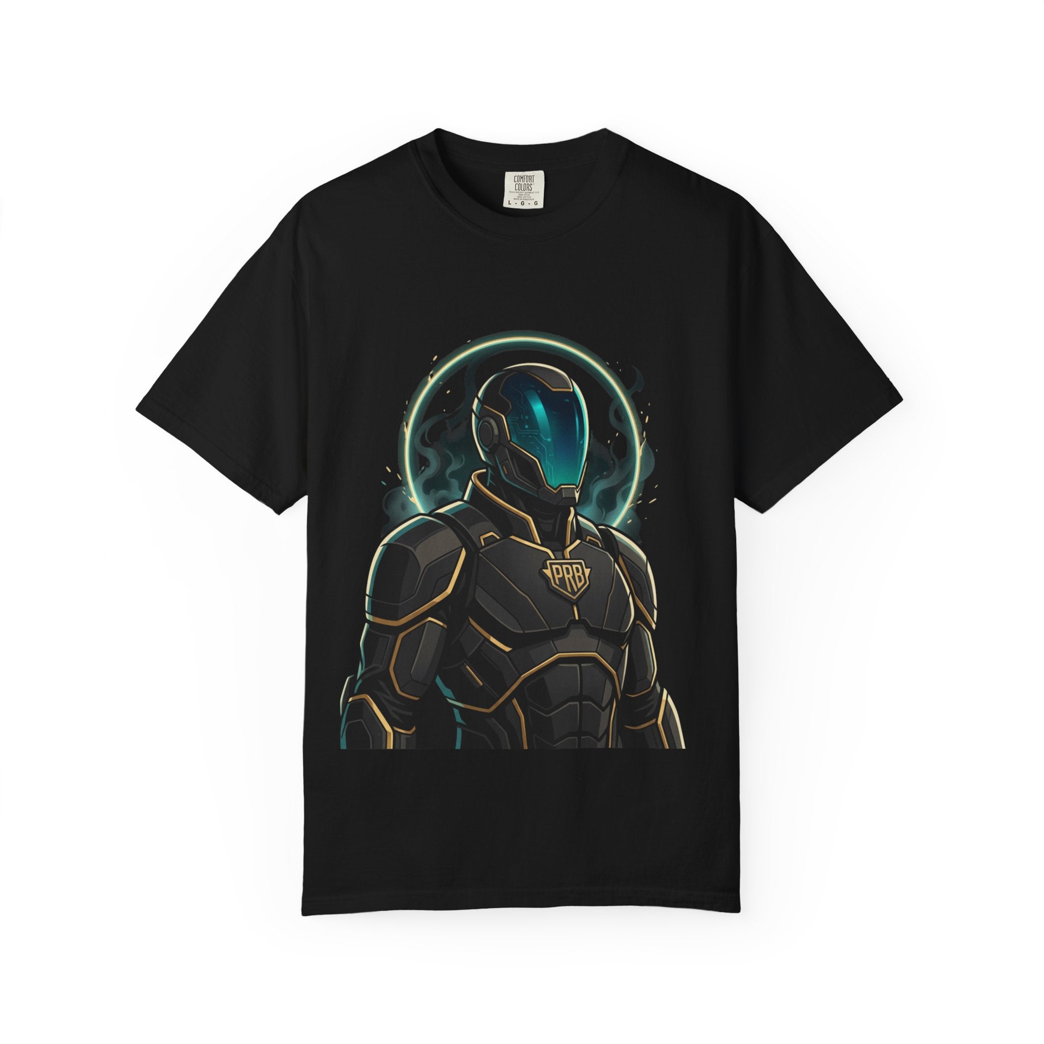Printify PRB Futuristic Guardian Graphic T-Shirt — Neon Helmet Sci‑Fi Armor Tee - T-Shirt