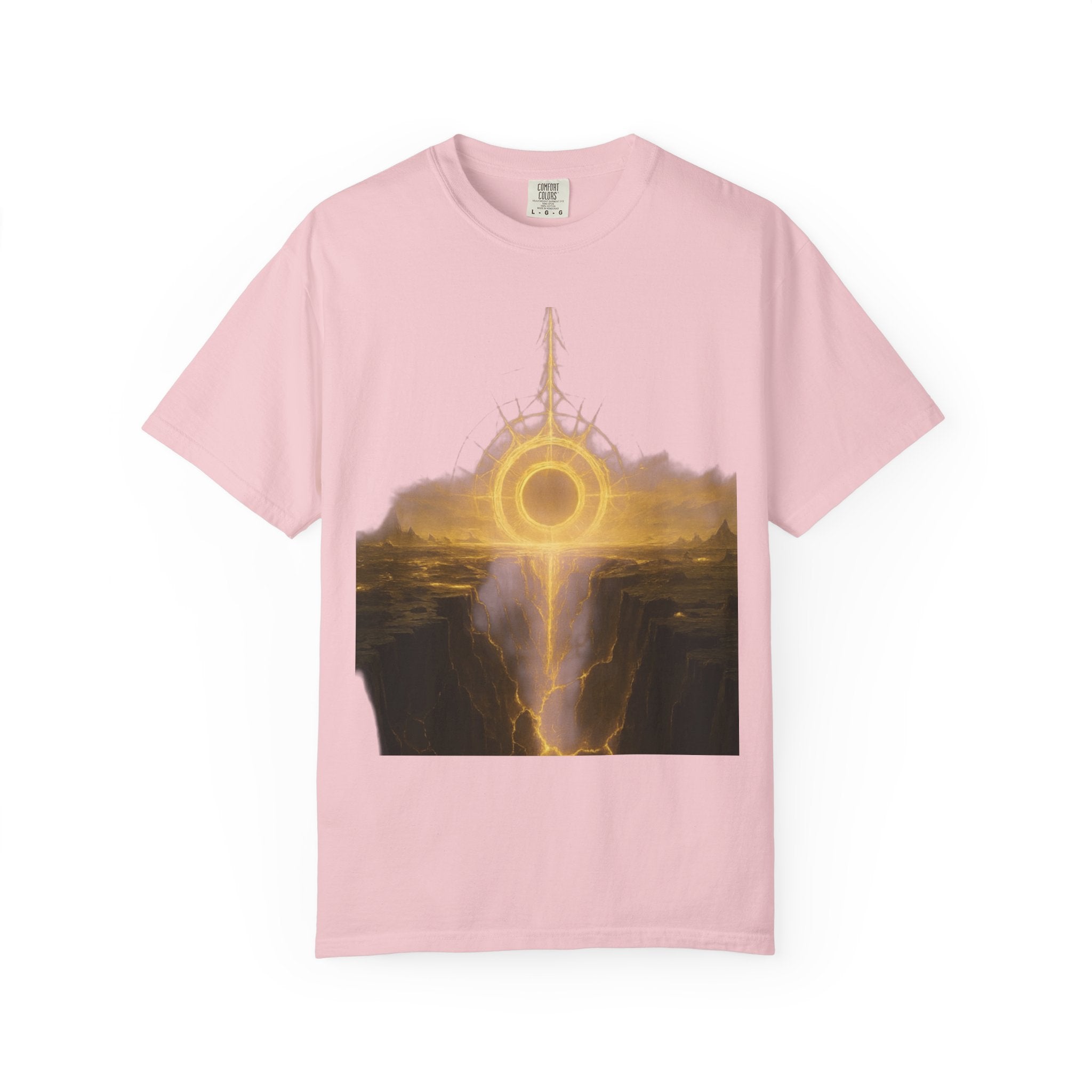 Power Runs Black PRB Golden Eclipse Portal T-shirt | Fantasy Landscape, Mystic Ring, Tower Art by Power Runs Black