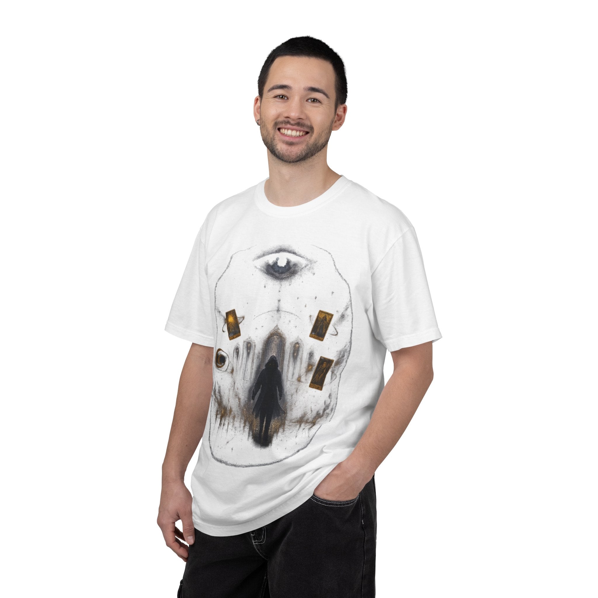 PRB Occult Tarot Skull T-Shirt — Mystic Eye & Shadow Figure Graphic by Power Runs Black