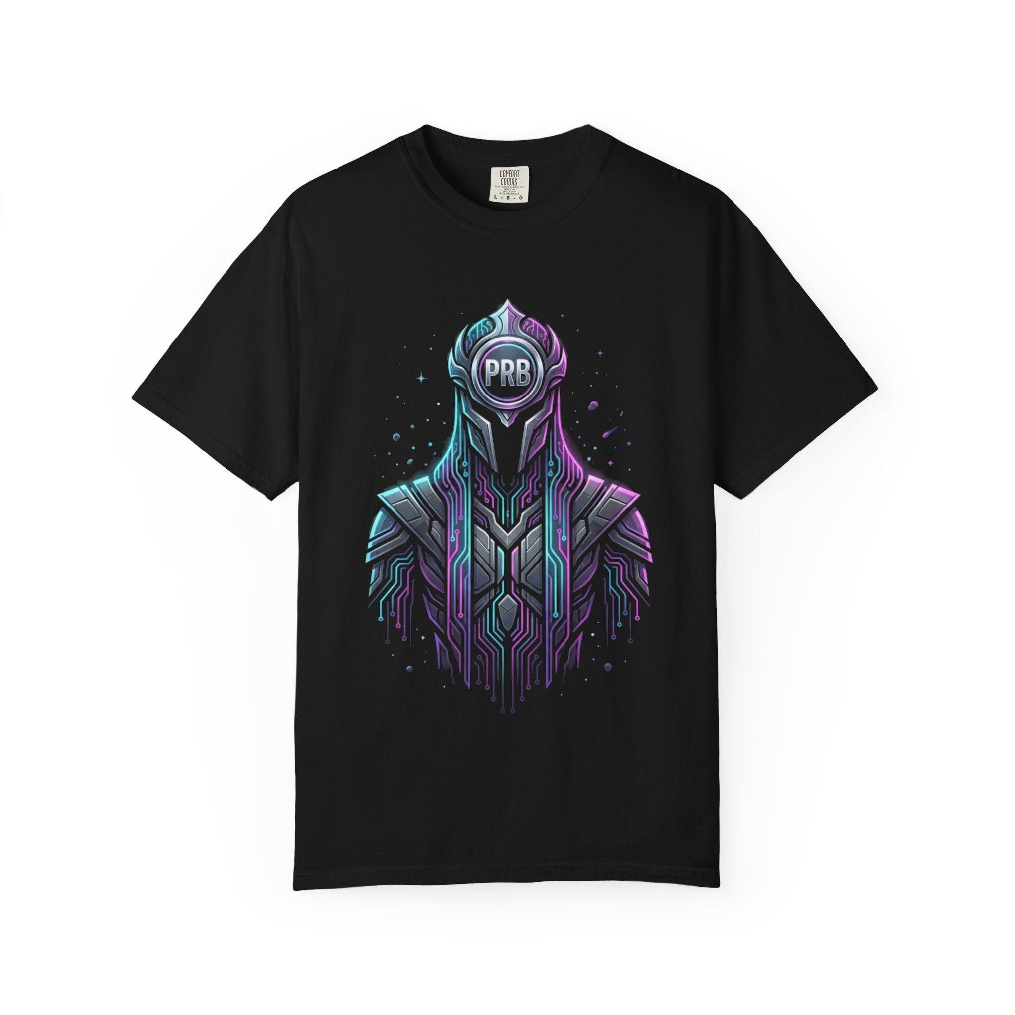 Printify PRB Machine‑Spirit Overlord 4K Futuristic Geometric Helmet T-Shirt | Neon Tech Line Art - T-Shirt