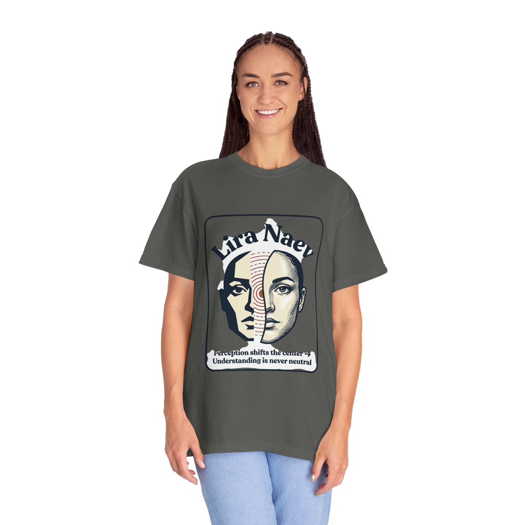 Power Runs Black PRB Lira Naev Split-Face Graphic T-Shirt — “Perception shifts the center” Statement Tee by Power Runs Black
