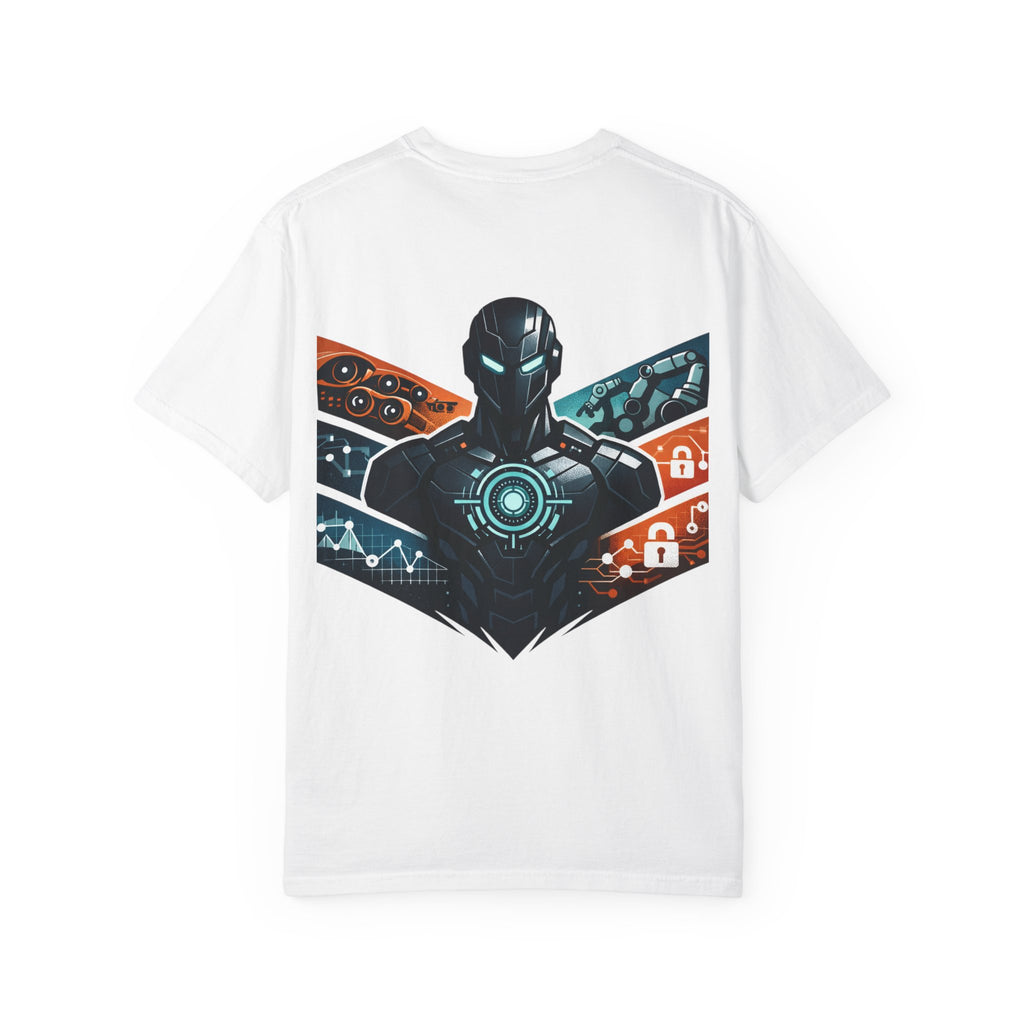 Power Runs Black Cyberframe Unit T-Shirt — Futuristic Tech Armor Graphic Tee by Power Runs Black