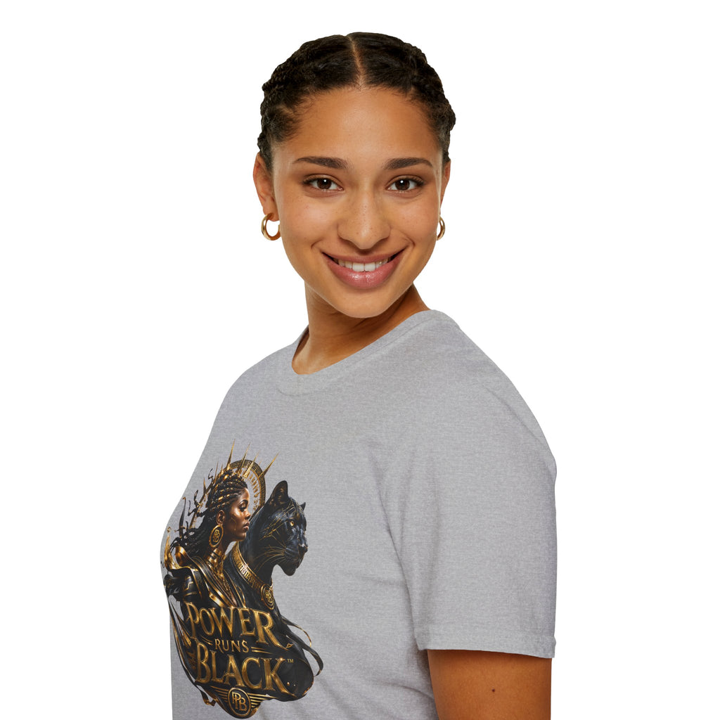 Power Runs Black PRB | Black Woman Portrait, Gold Accents Panther Graphics T by Printify
