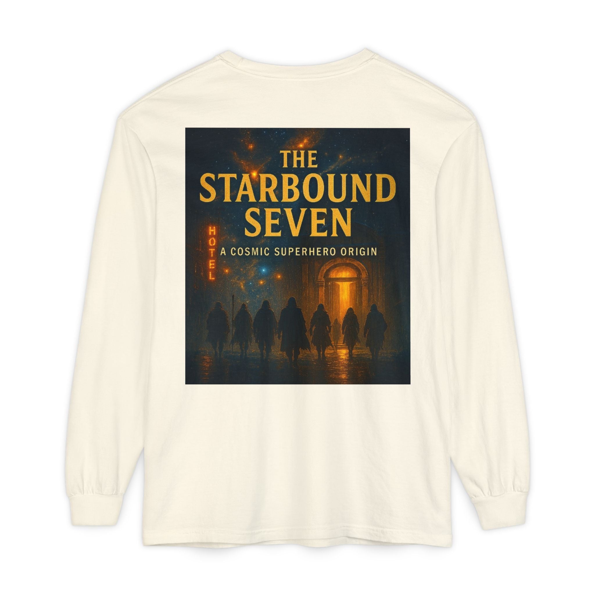 PRB The Starbound Seven graphic long sleeve shirt | cosmic superhero poster by Power Runs Black