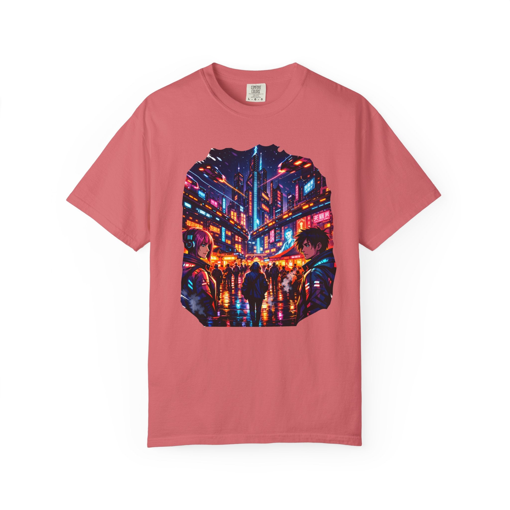 PRB Neon Cyberpunk Cityscape T-shirt | Anime Night Rain Streets by Power Runs Black