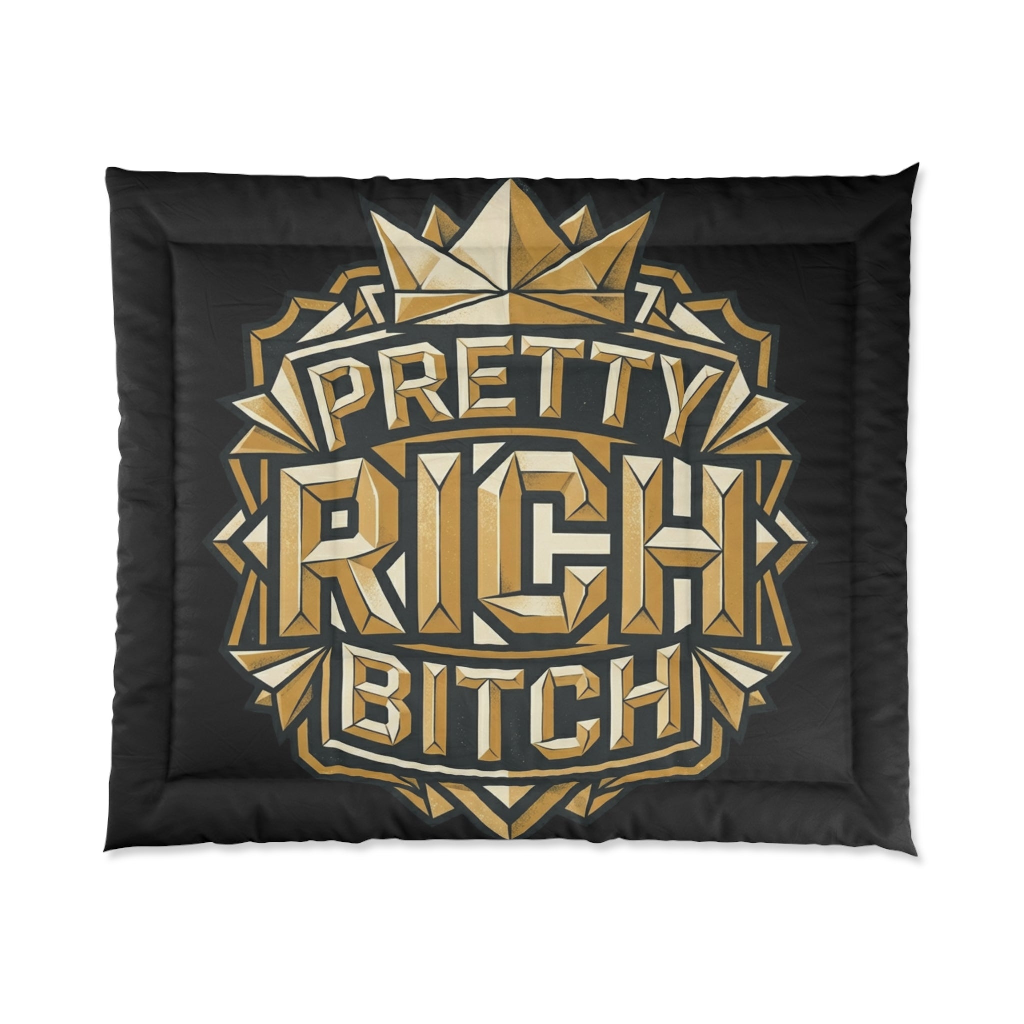 PRB Pretty Rich Bitch Comforter — Bold Gold Art Deco Luxe Bedding by Power Runs Black