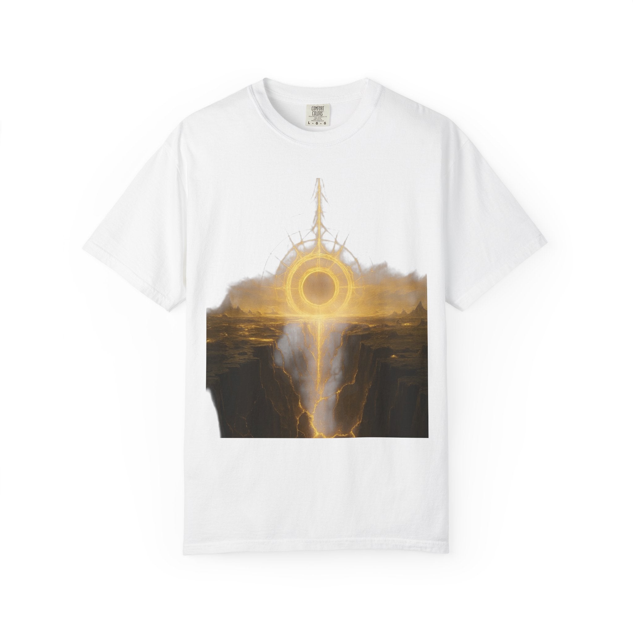 Power Runs Black PRB Golden Eclipse Portal T-shirt | Fantasy Landscape, Mystic Ring, Tower Art by Power Runs Black