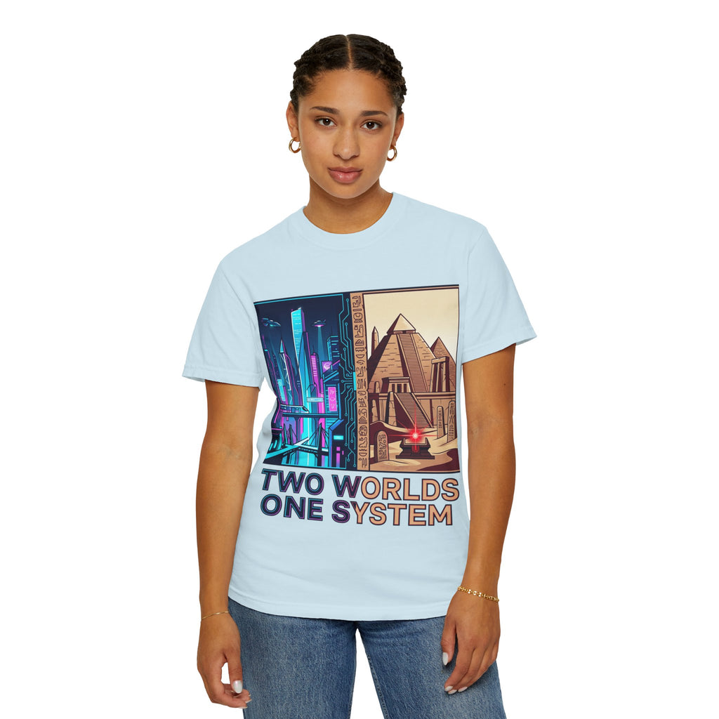 Power Runs Black PRB Blue Technopolis/ Red Dominion Two Worlds One System T-Shirt by Power Runs Black