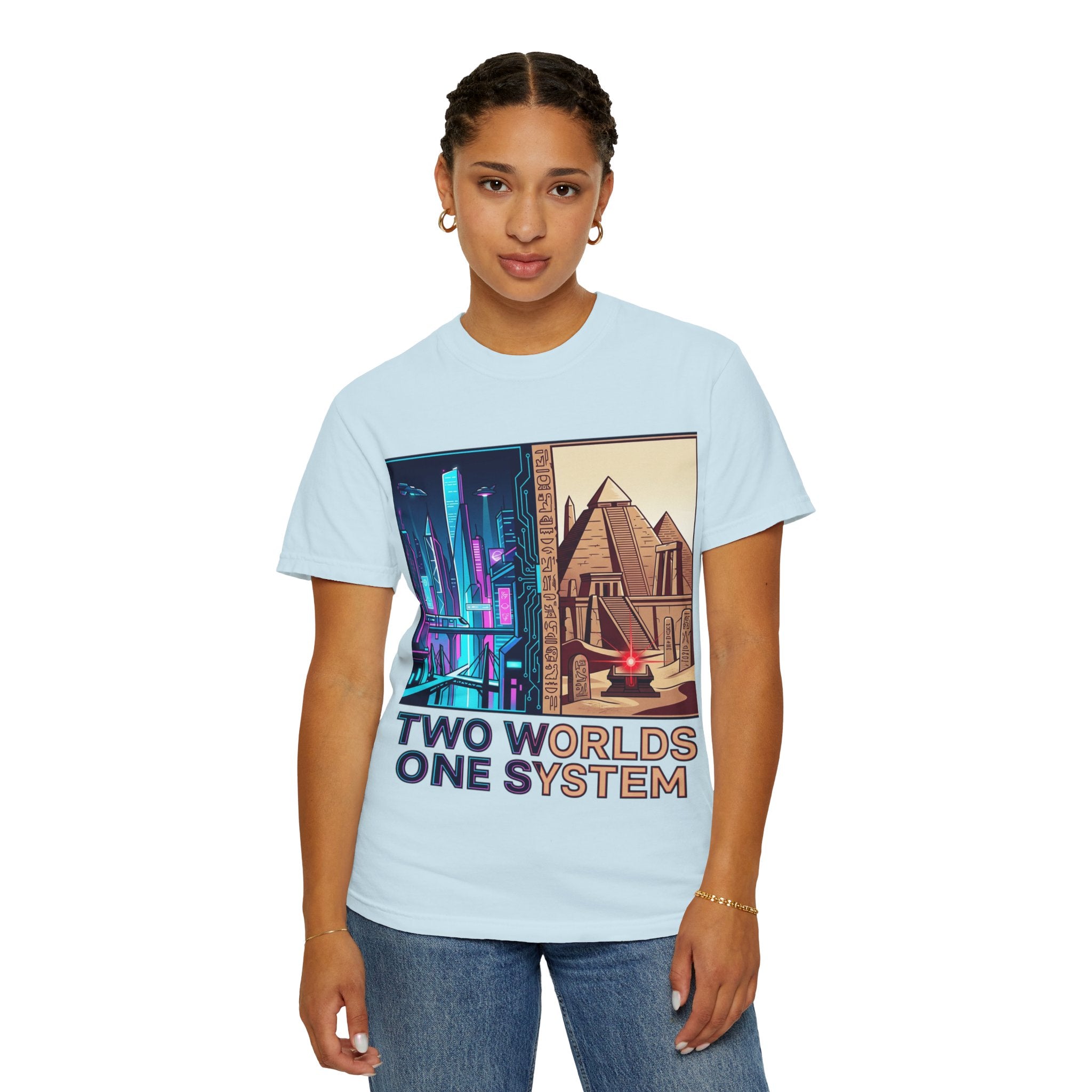 Power Runs Black PRB Blue Technopolis/ Red Dominion Two Worlds One System T-Shirt by Power Runs Black