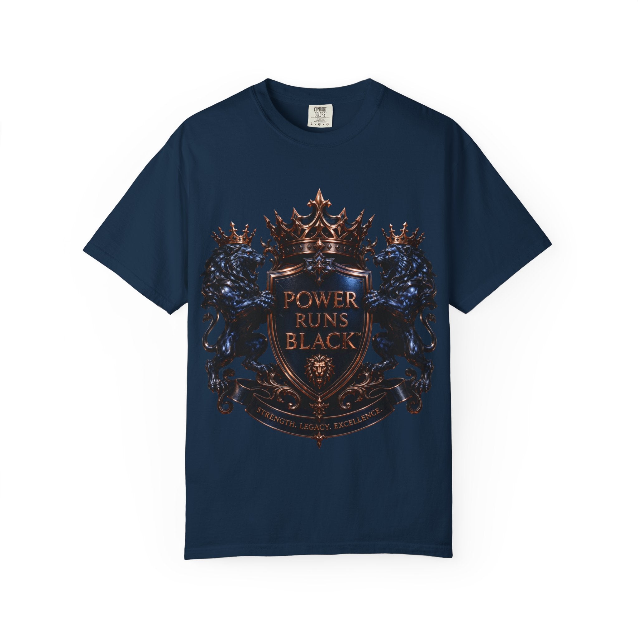 Power Runs Black Crest T-shirt | Heraldic Lion Shield Tee by Power Runs Black