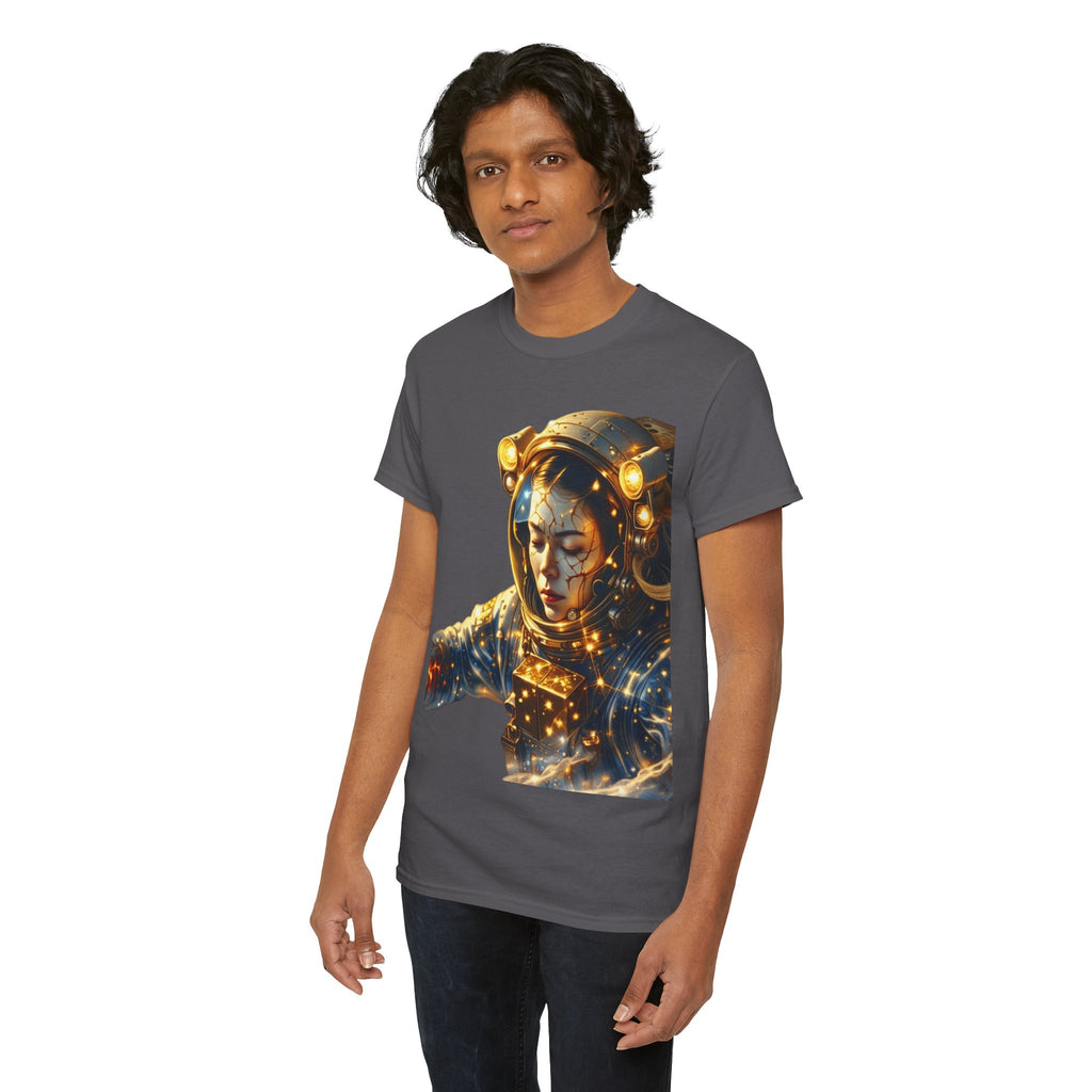 Power Runs Black PRB Golden Astronaut Portrait T-Shirt | Space Helmet Art, Cosmic Lights by Printify
