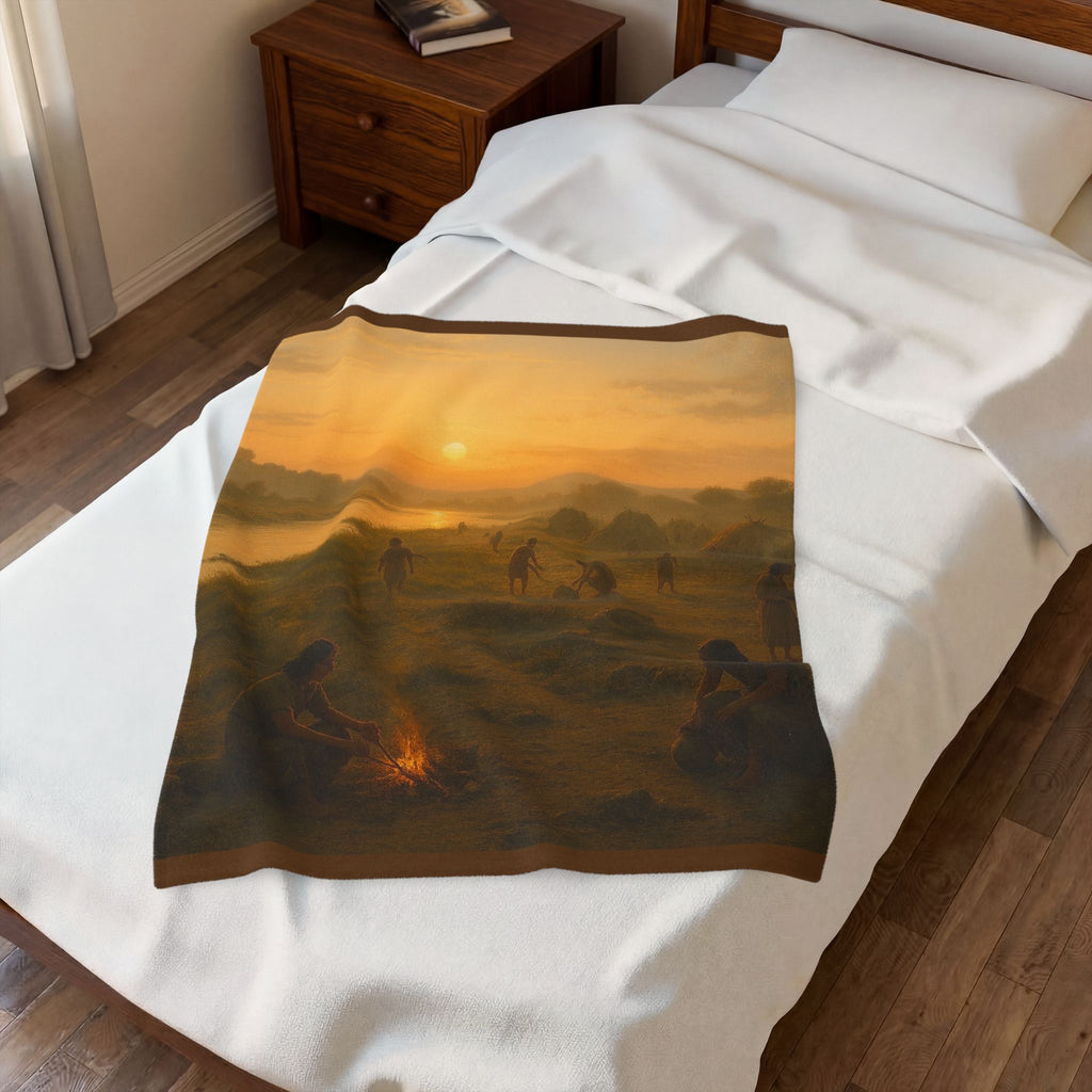 PRB Sunset Campfire Scene Velveteen Plush Blanket | Native Village Landscape by Printify