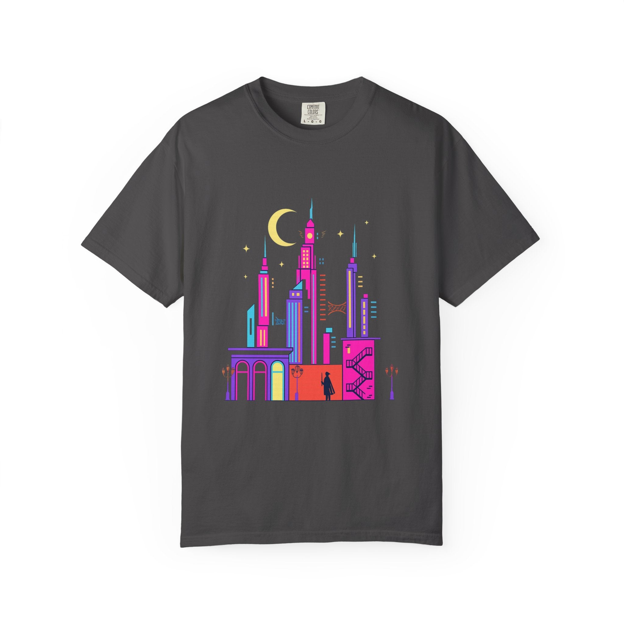 Power Runs Black PRB Neon City Skyline T-shirt | Vibrant Urban Nightscape Tee by Printify