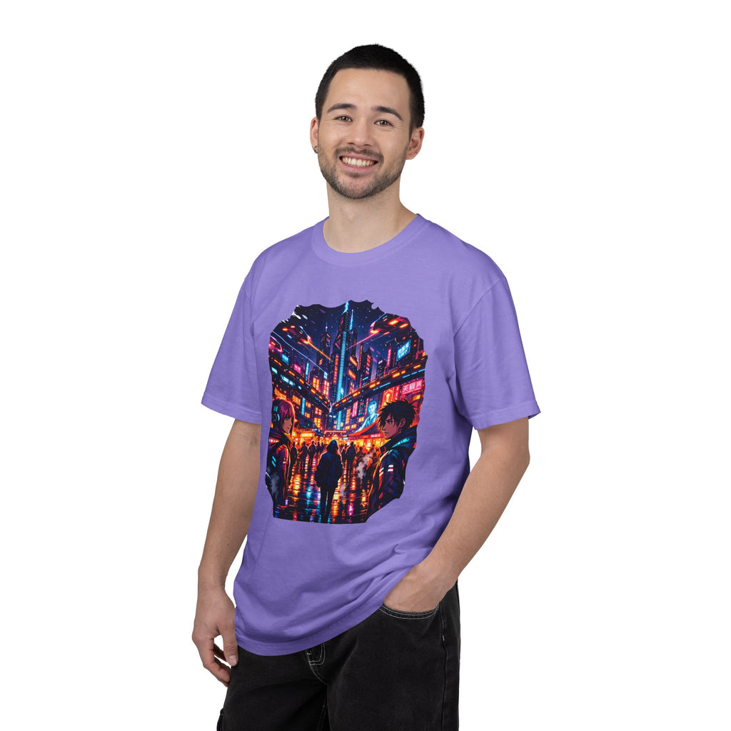 PRB Neon Cyberpunk Cityscape T-shirt | Anime Night Rain Streets by Power Runs Black