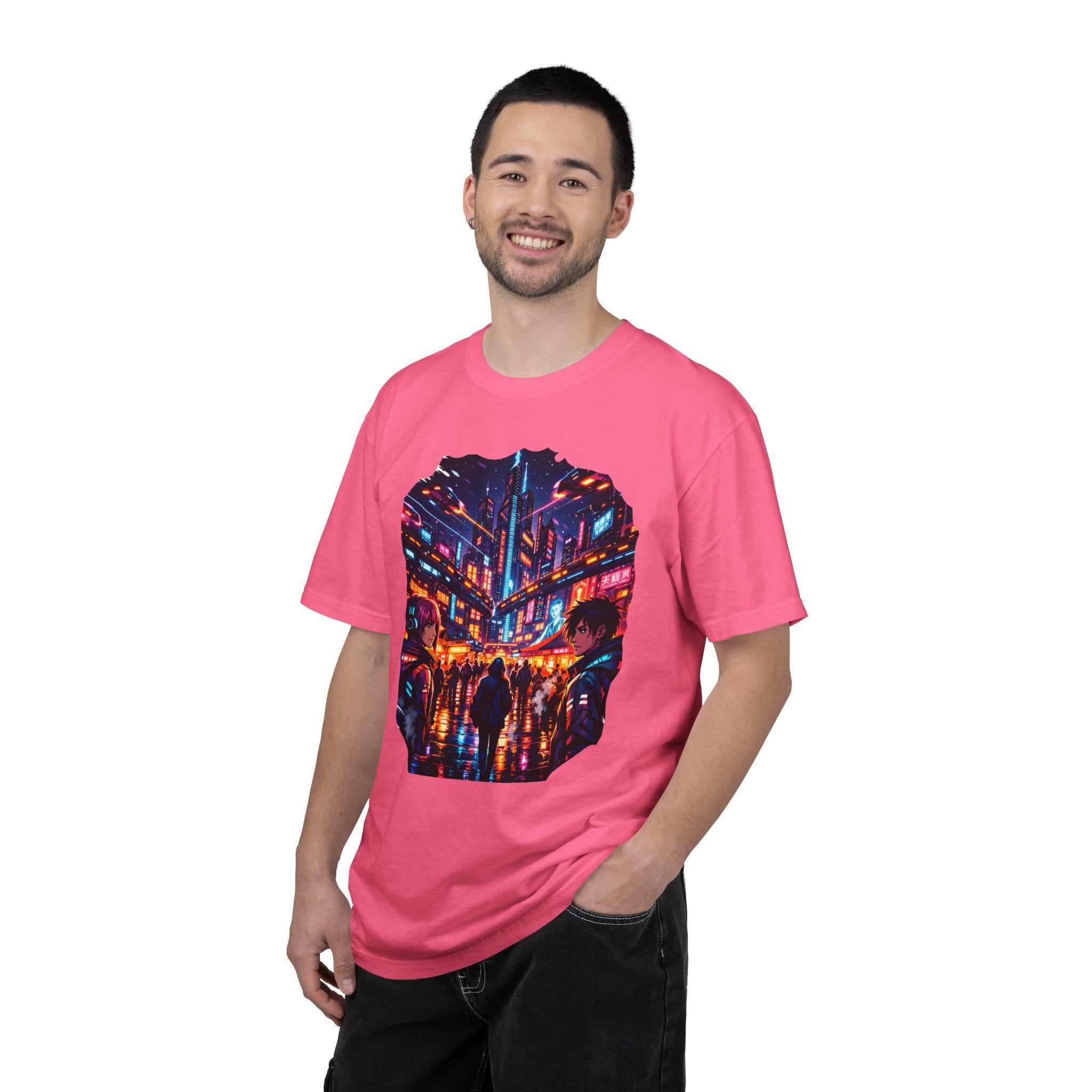 PRB Neon Cyberpunk Cityscape T-shirt | Anime Night Rain Streets by Power Runs Black