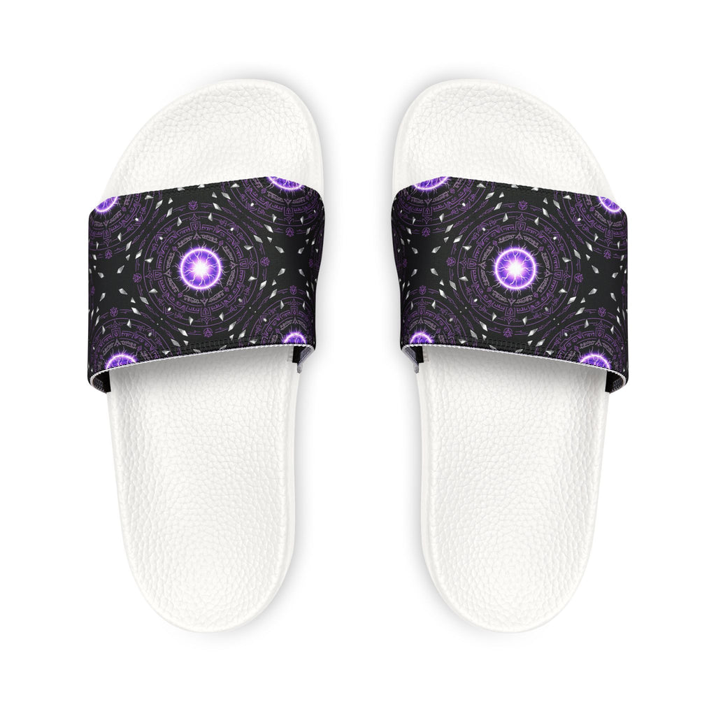 Power Runs Black Men's Removable-Strap Slide Sandals — Purple Cosmic Mandala Pattern by Power Runs Black