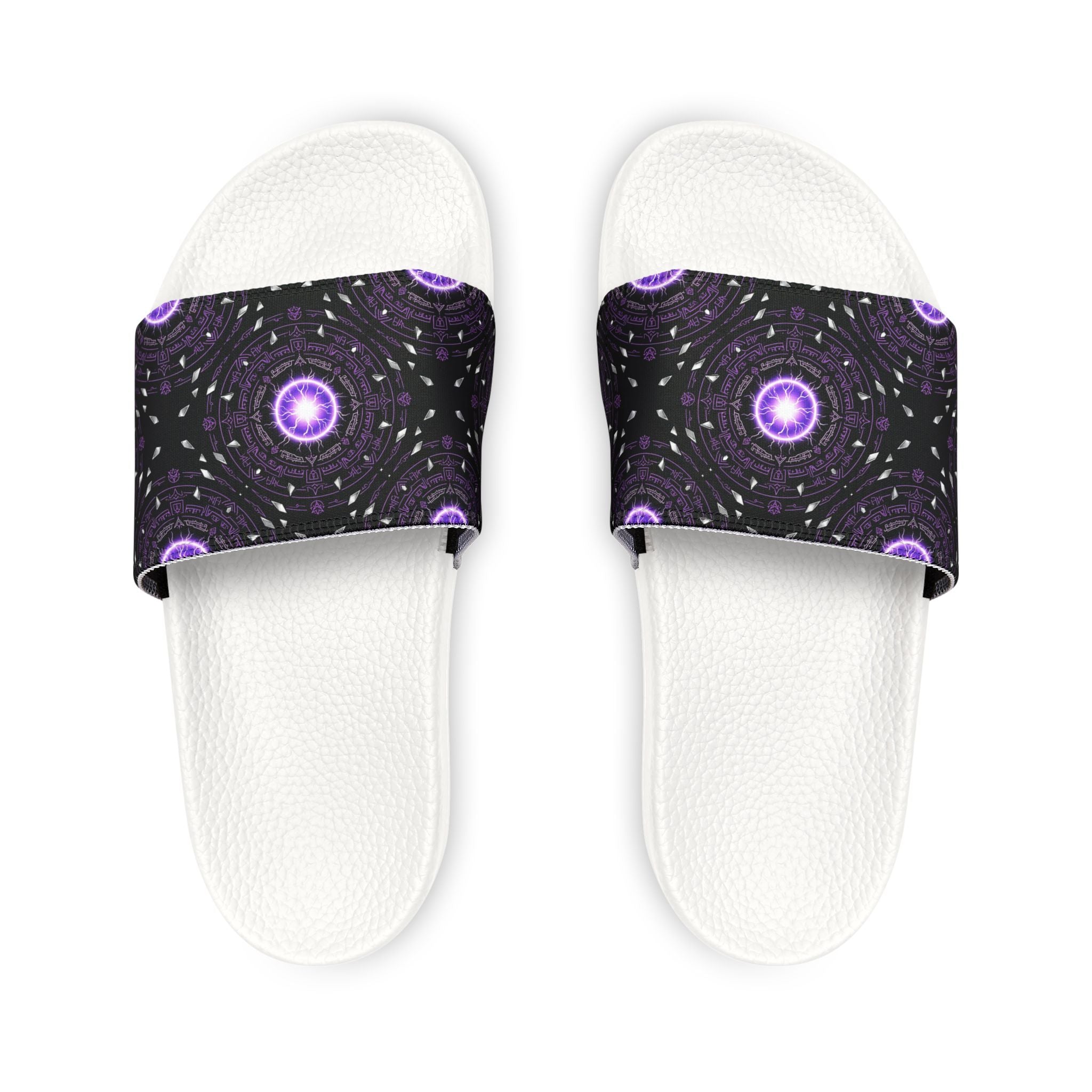 Power Runs Black Men's Removable-Strap Slide Sandals — Purple Cosmic Mandala Pattern by Power Runs Black