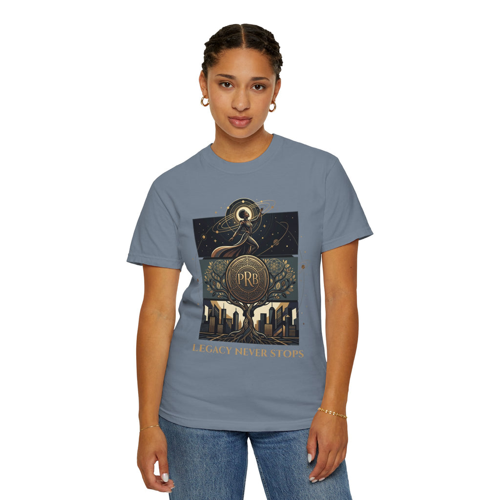 PRB Legacy Never Stops Graphic T-Shirt | Art Deco City Skyline Tee by Printify