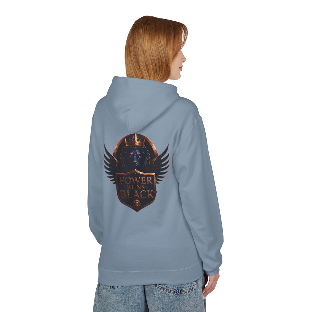 Power Runs Black crest hoodie | medieval shield with lions and wings by Power Runs Black