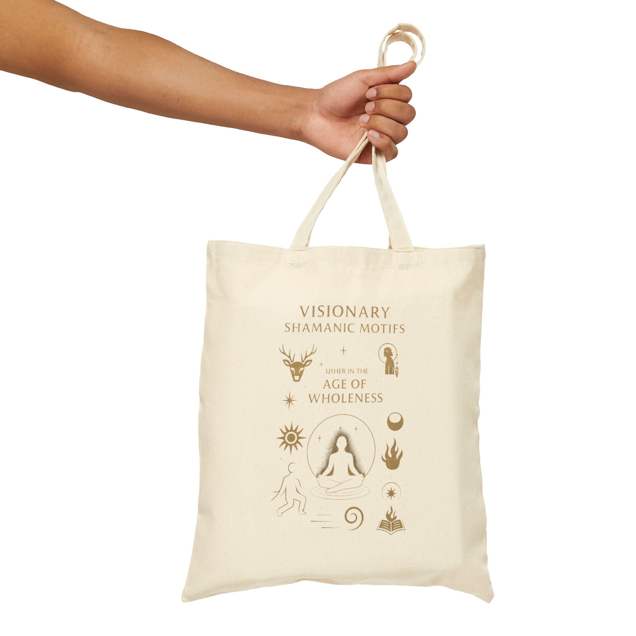 Visionary Shamanic Motifs Canvas Tote Bag — Spiritual Symbols Market Tote by Power Runs Black