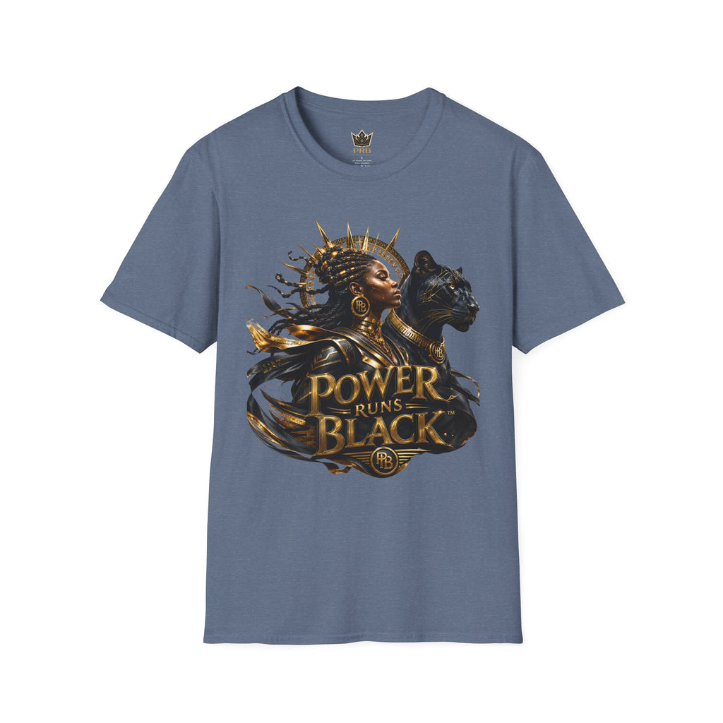 Power Runs Black PRB | Black Woman Portrait, Gold Accents Panther Graphics T by Power Runs Black